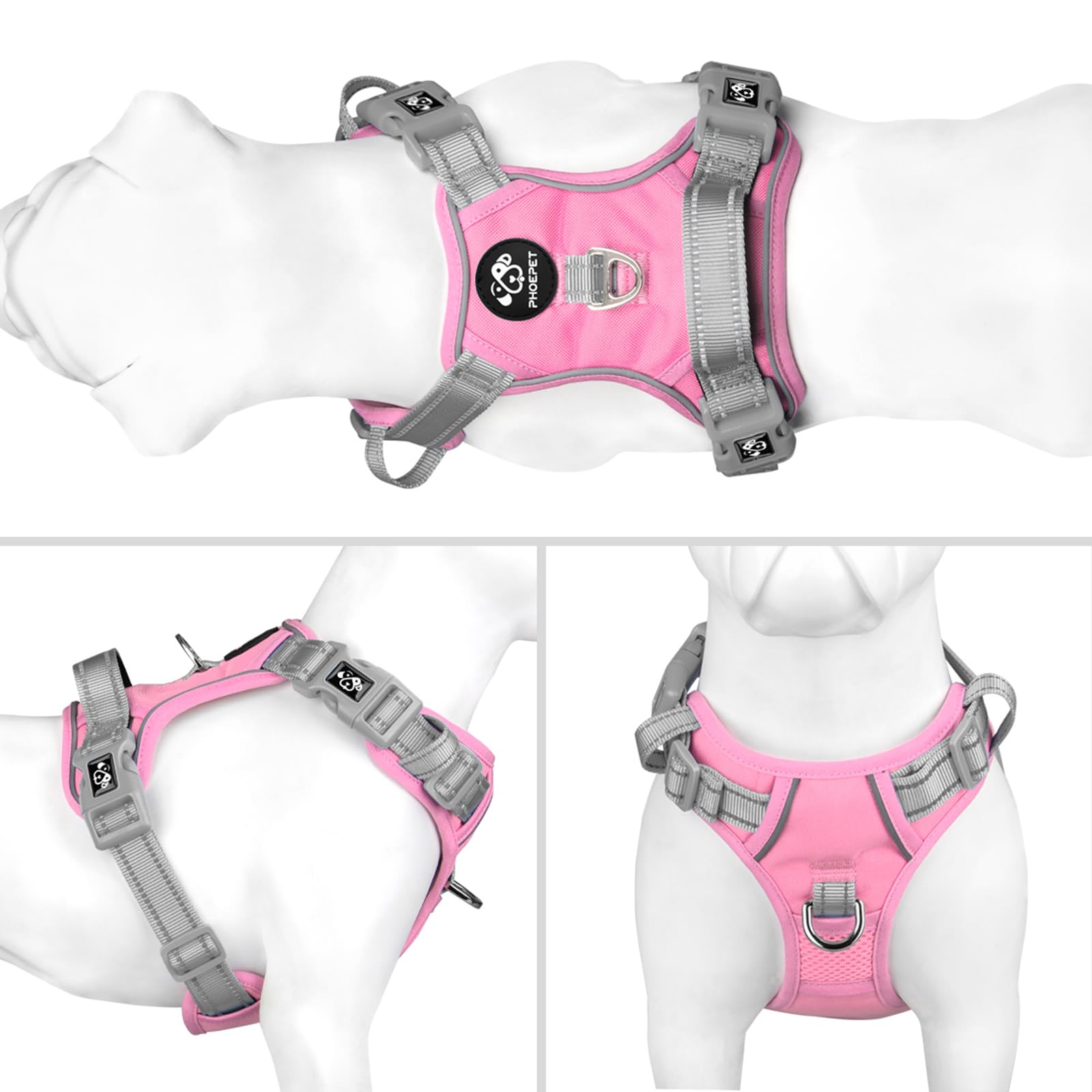 PHOEPET arnés ajustable reflectante gris y rosa para mayor visibilidad