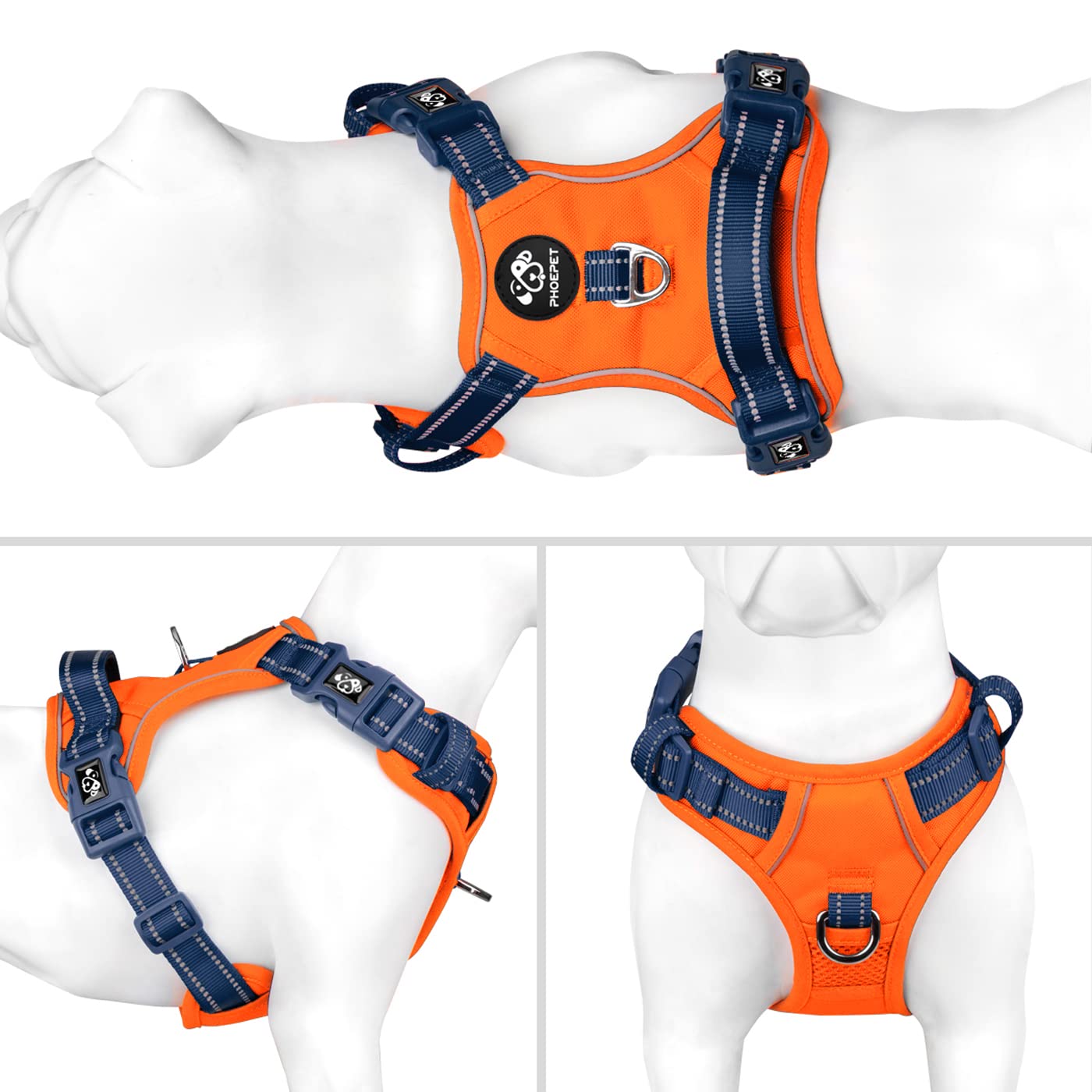 PHOEPET arnés reflectivo en naranja y azul para mayor visibilidad nocturna.