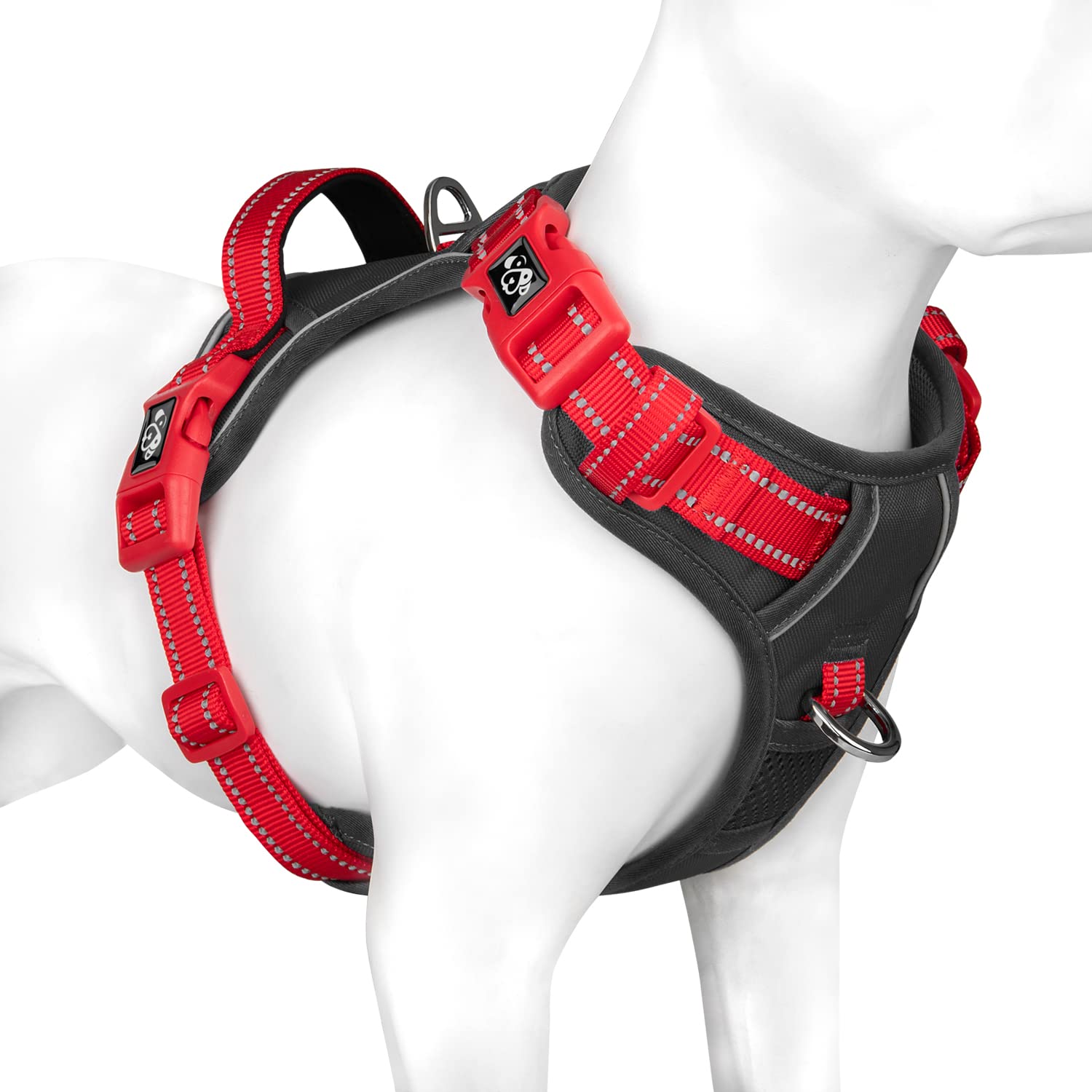 PHOEPET arnés negro sin tirones con correas rojas para paseos cómodos.