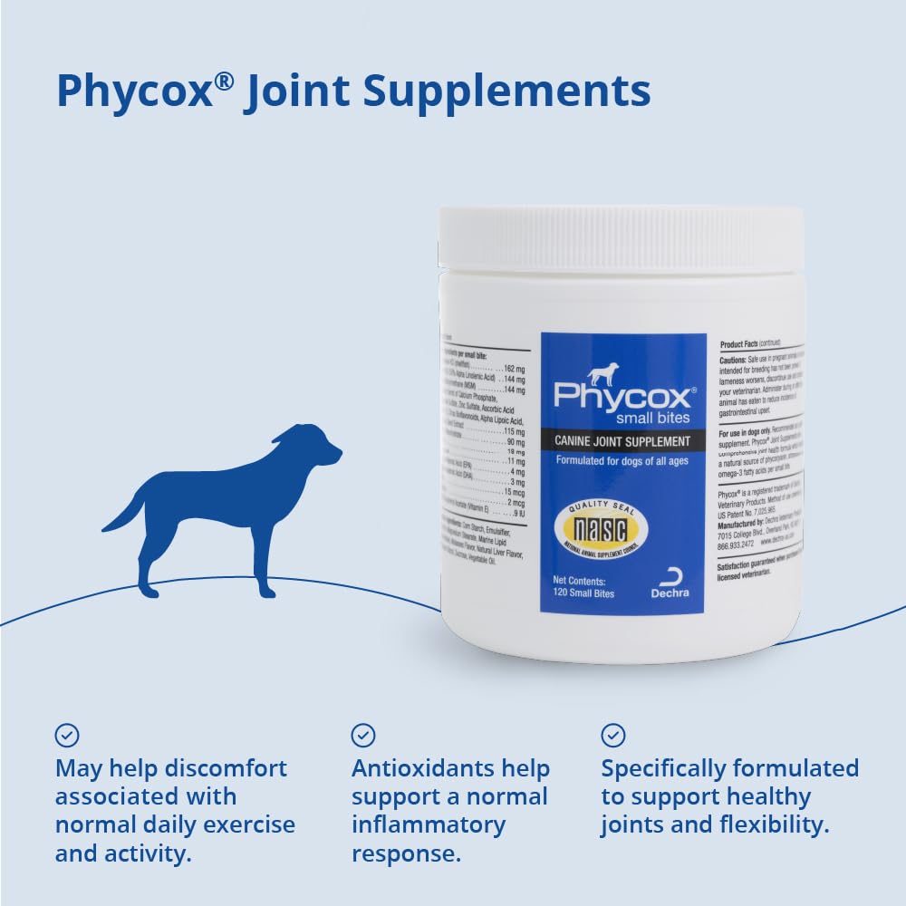 Etiqueta de PhyCox mostrando ingredientes clave para la salud articular del perro.
