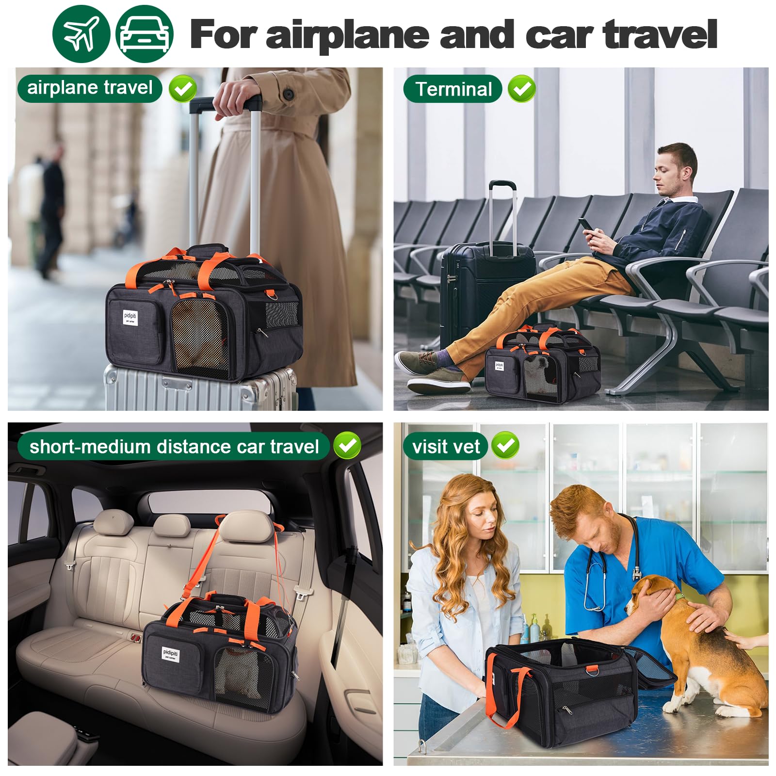 Pidipiti transportín con bolsillos y acolchado lavable para viaje cómodo.