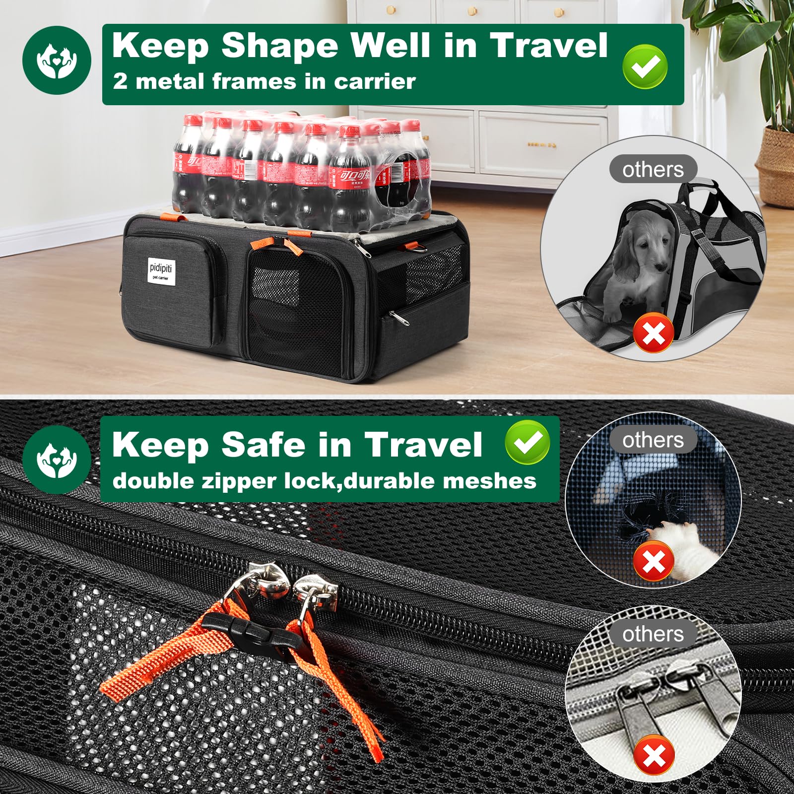 Pidipiti transportín para viajes cortos con acolchado lavable y práctico.