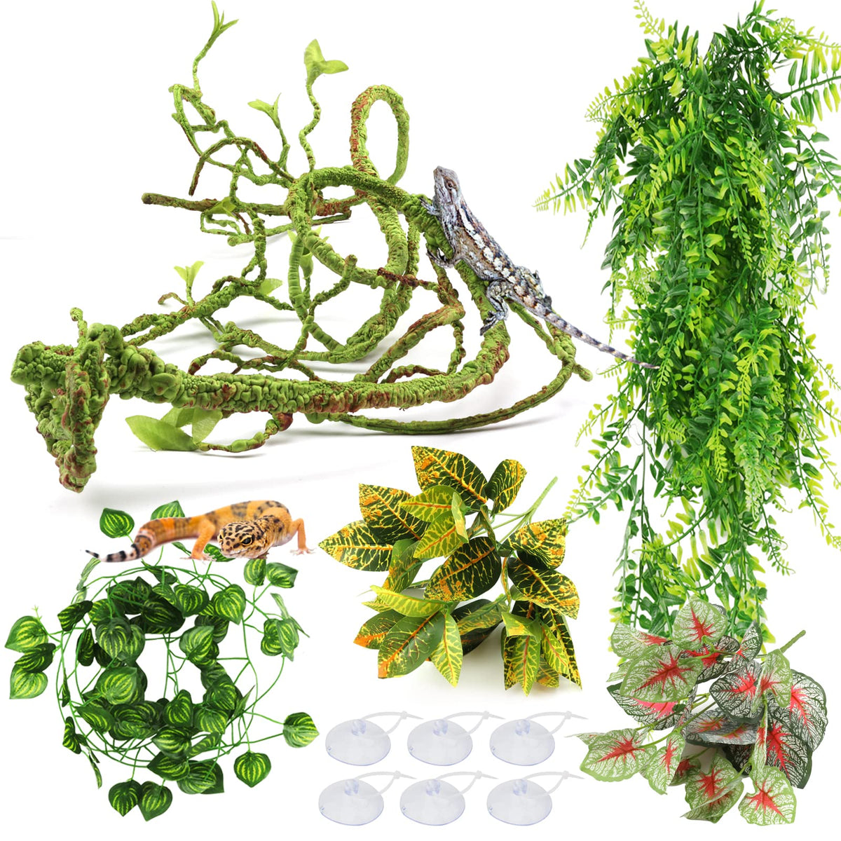 PietyPet hojas-planta reptil flexible para terrario, refugio seguro y aspecto natural.