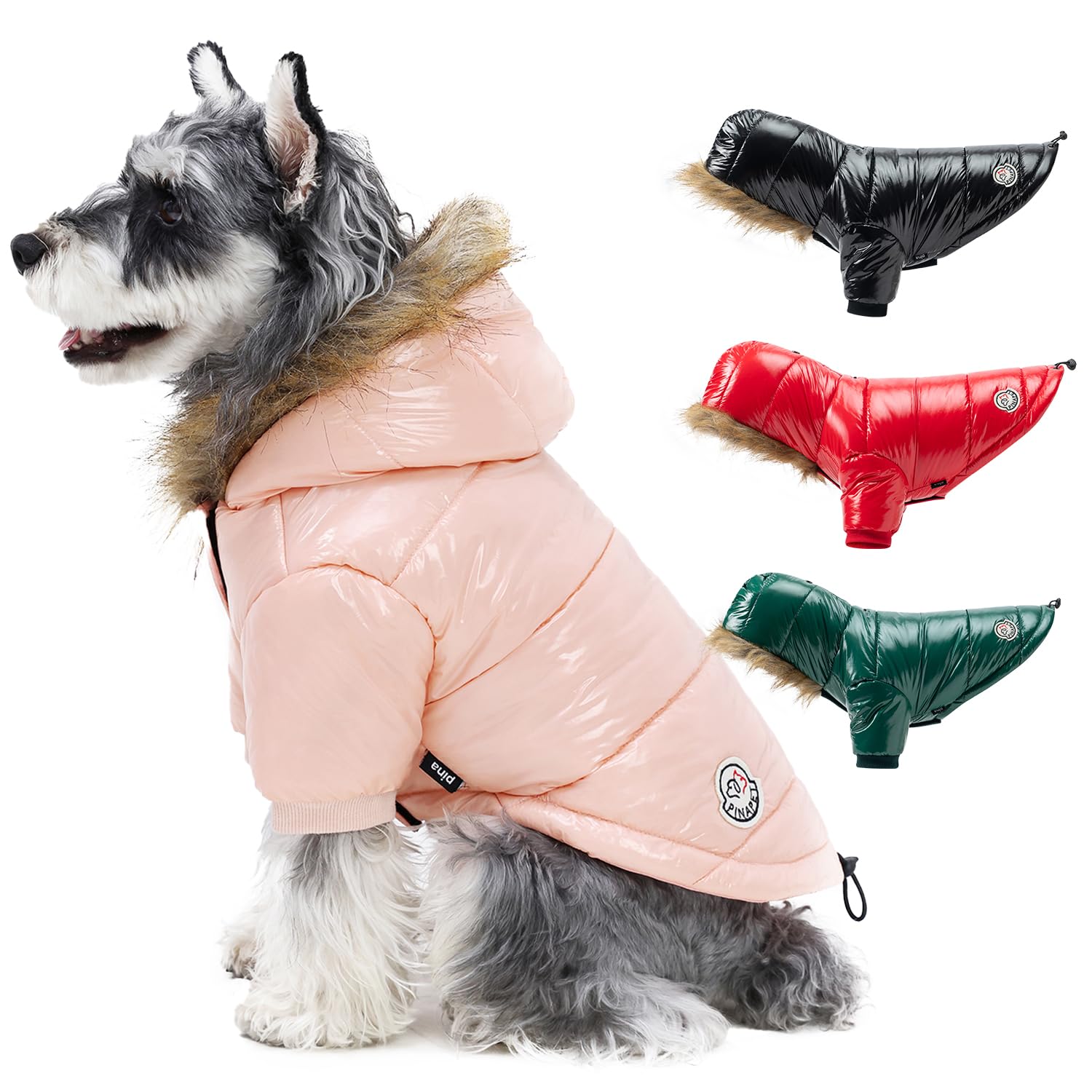 Pina abrigo para perros con capucha de pelo sintético rosa, ideal para paseos invernales.