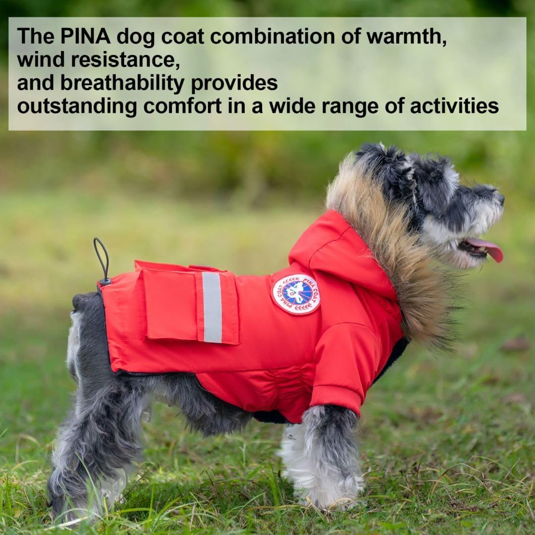 Pina abrigo para perro pequeño, vista general con capucha de pelo sintético