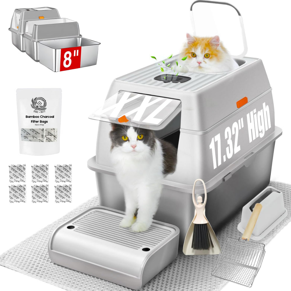 PINENEST bandeja XXL de acero inoxidable con tapa, ideal para gatos grandes y limpieza fácil.