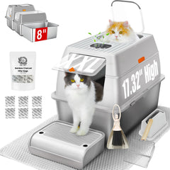 PINENEST bandeja XXL de acero inoxidable con tapa, ideal para gatos grandes y limpieza fácil.