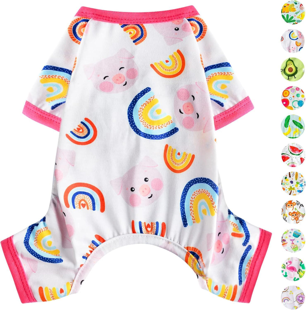 Pijama PinkBow para perro dulce con diseño cerdito-arcoiris, ideal para juego y descanso.