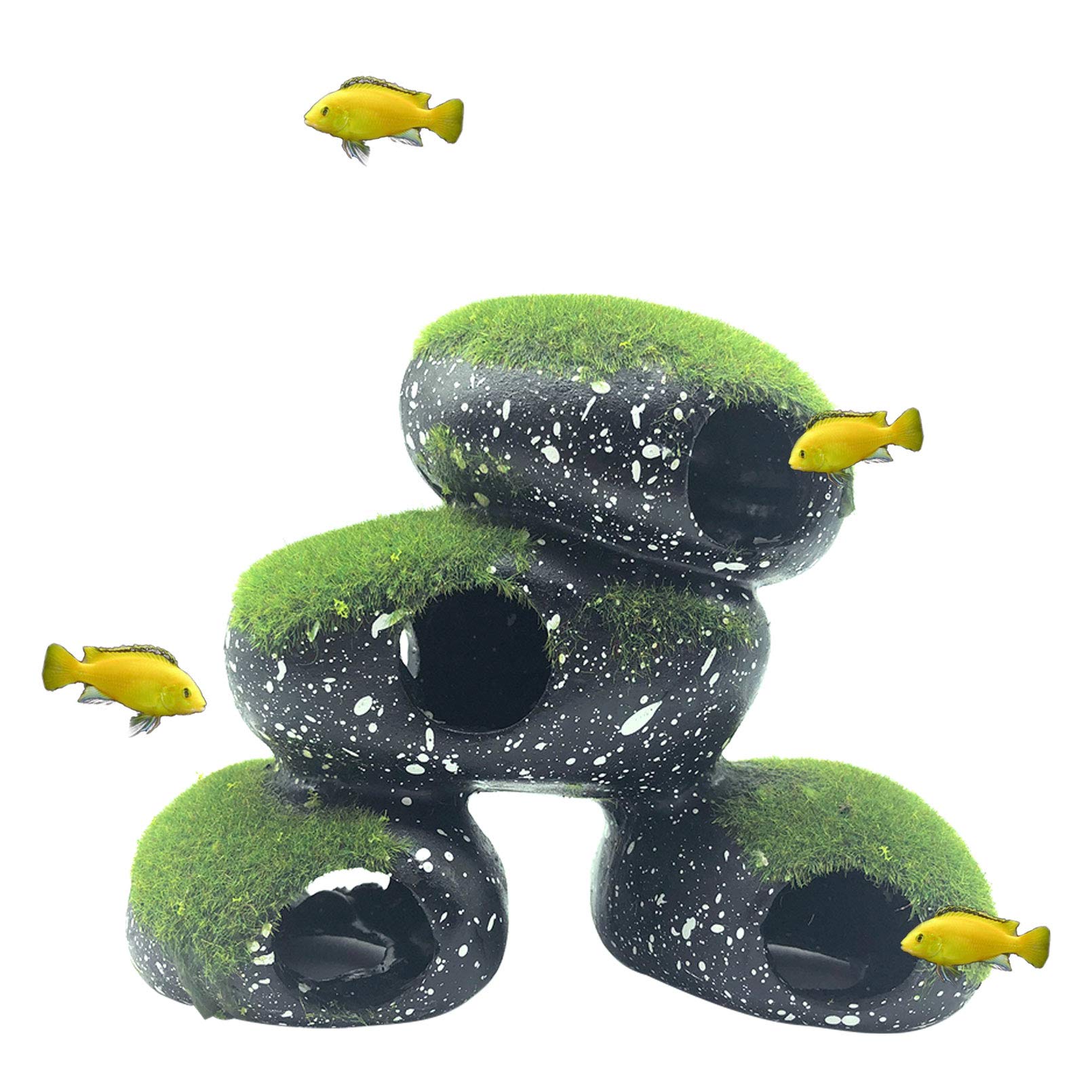 PINVNBY cueva de piedra con musgo artificial, refugio natural para peces