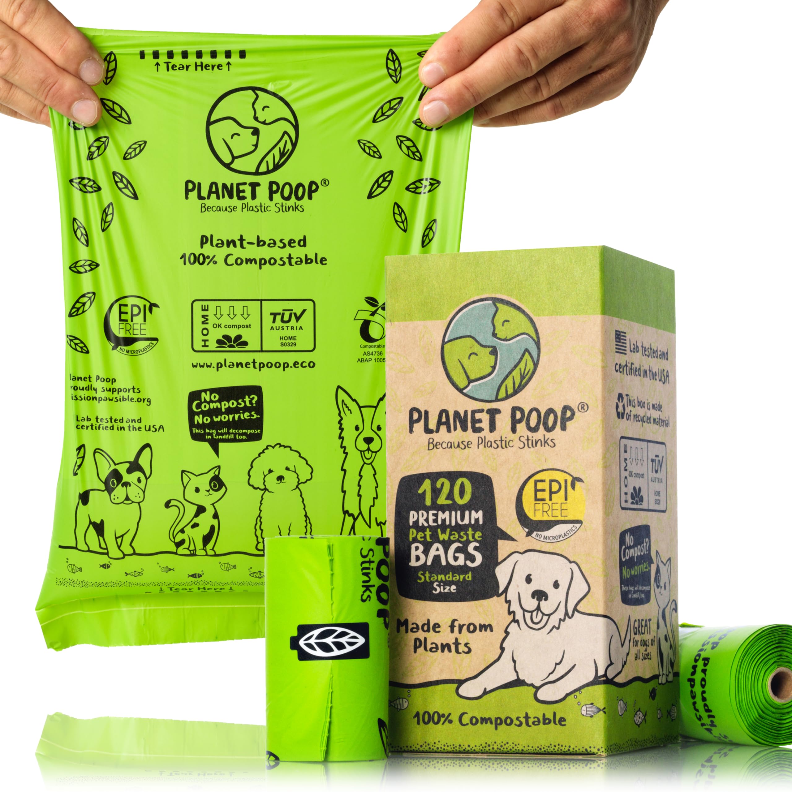PLANET POOP bolsas compostables en rollos de recarga para uso diario.