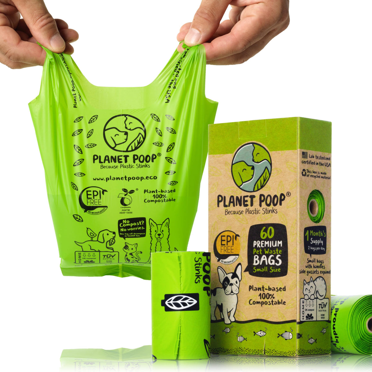 PLANET POOP bolsas compostables para perros pequeños con asa, ideal para paseos limpios