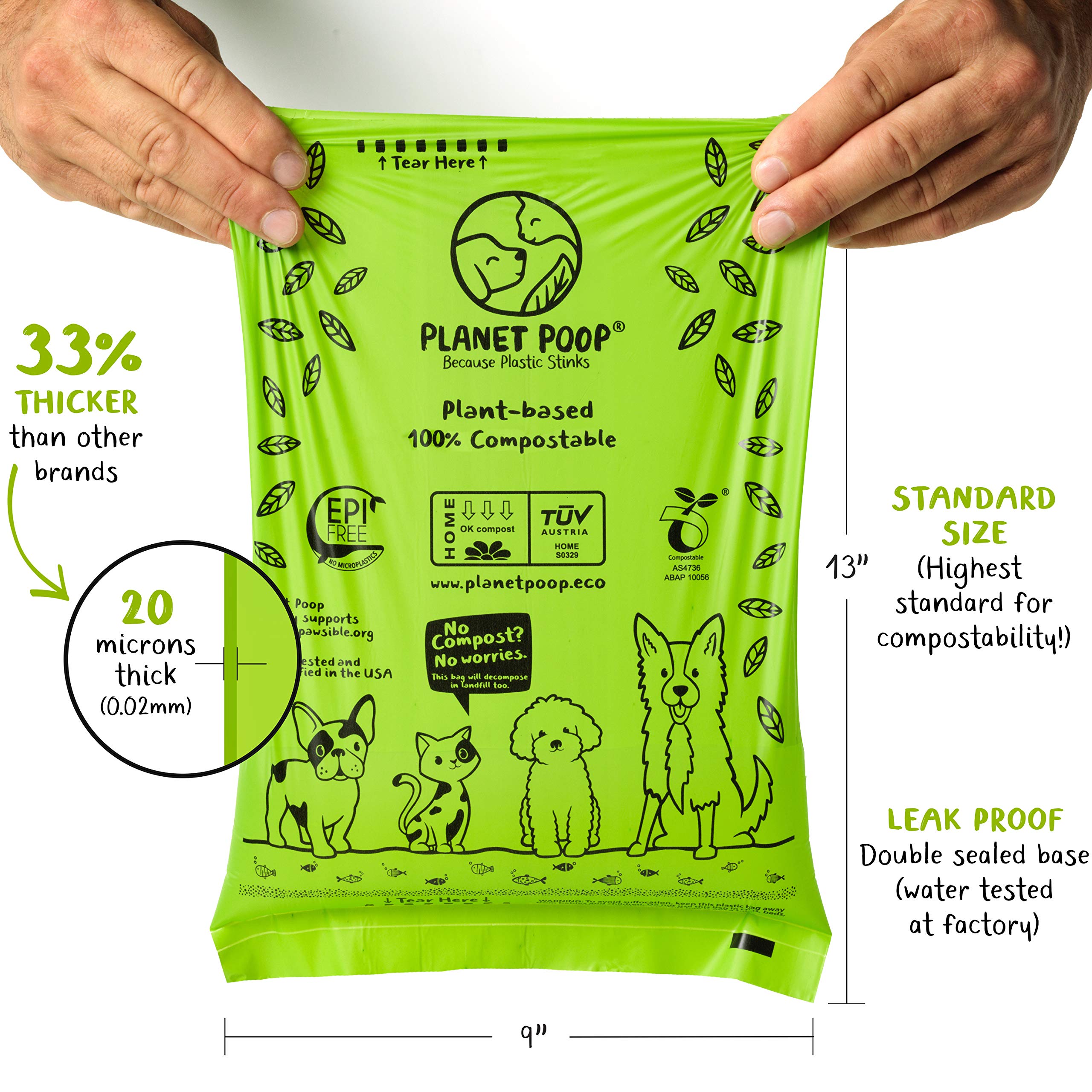 PLANET POOP bolsas de 20 micrones, resistentes a fugas.