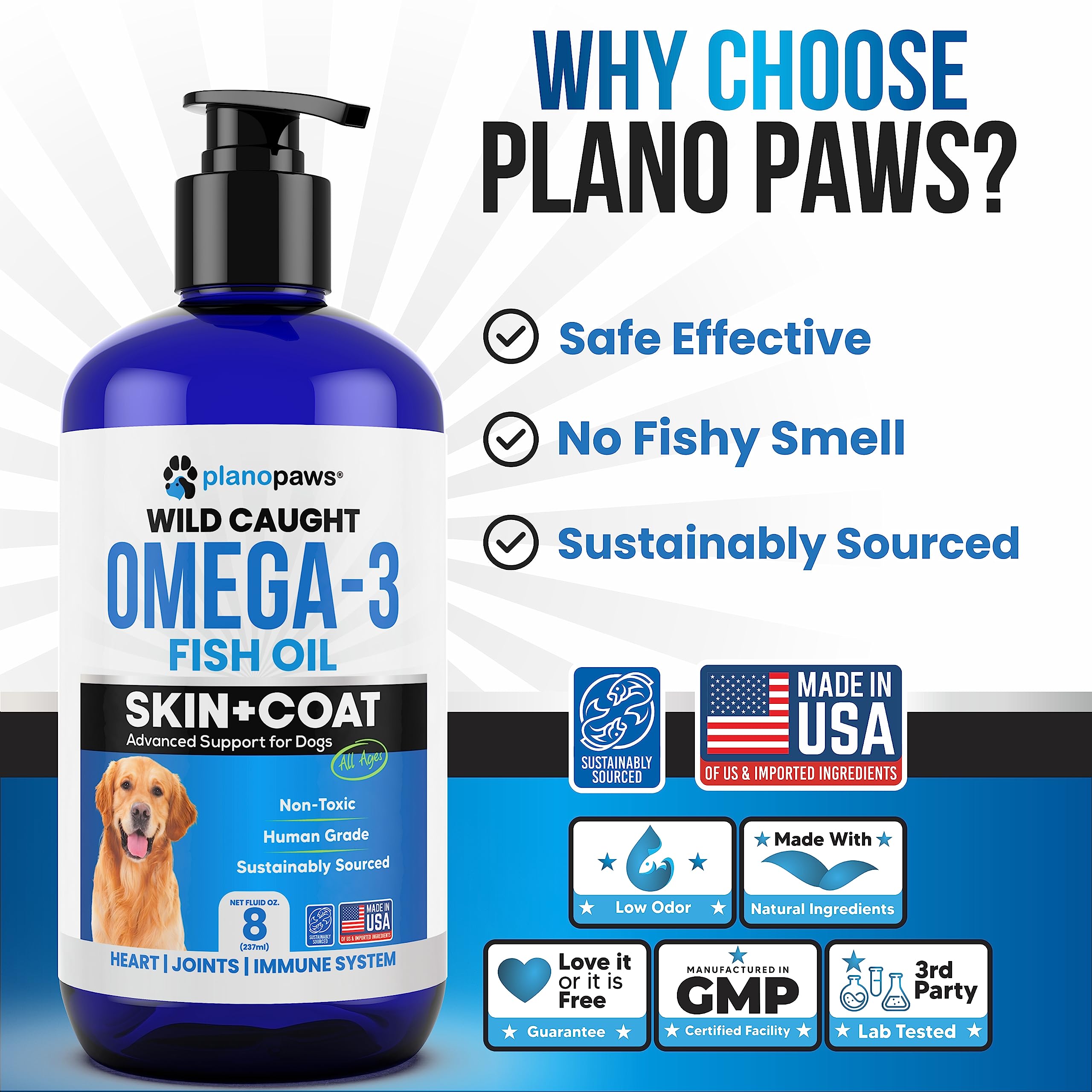 Planopaws Omega 3 para perros, dosis-gotas facilita añadir a la comida diaria.