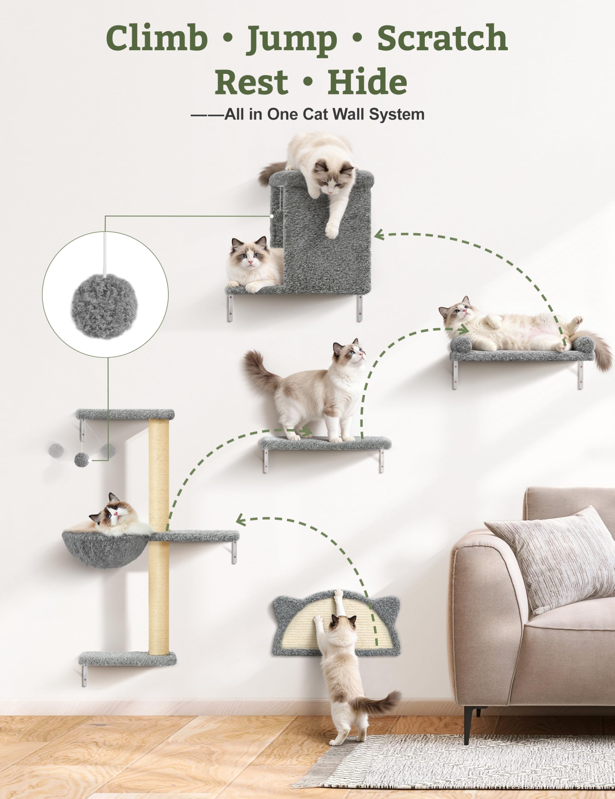 PLEKER estantería pared gato, rascador de sisal para uñas.