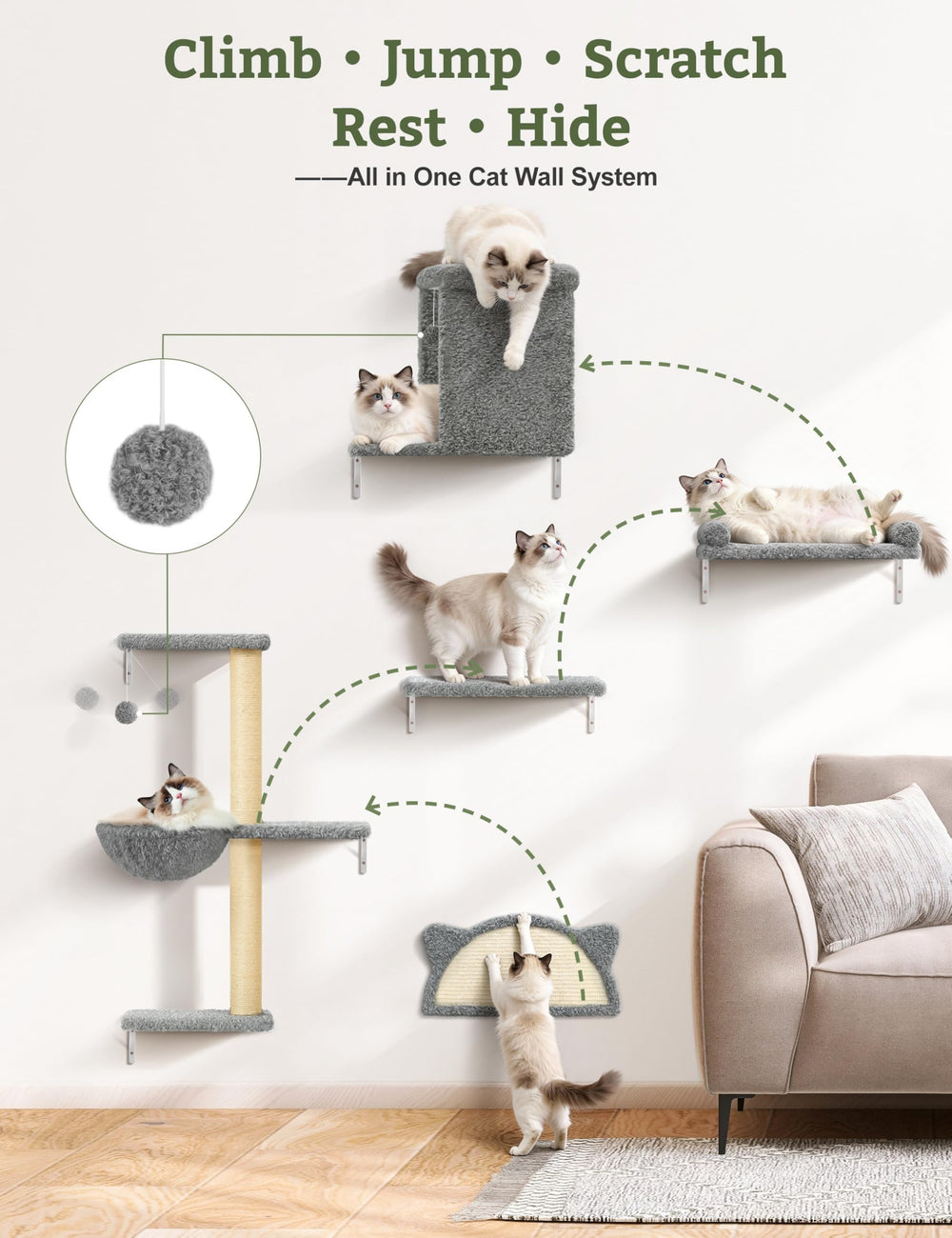 PLEKER estantería pared gato, rascador de sisal para uñas.