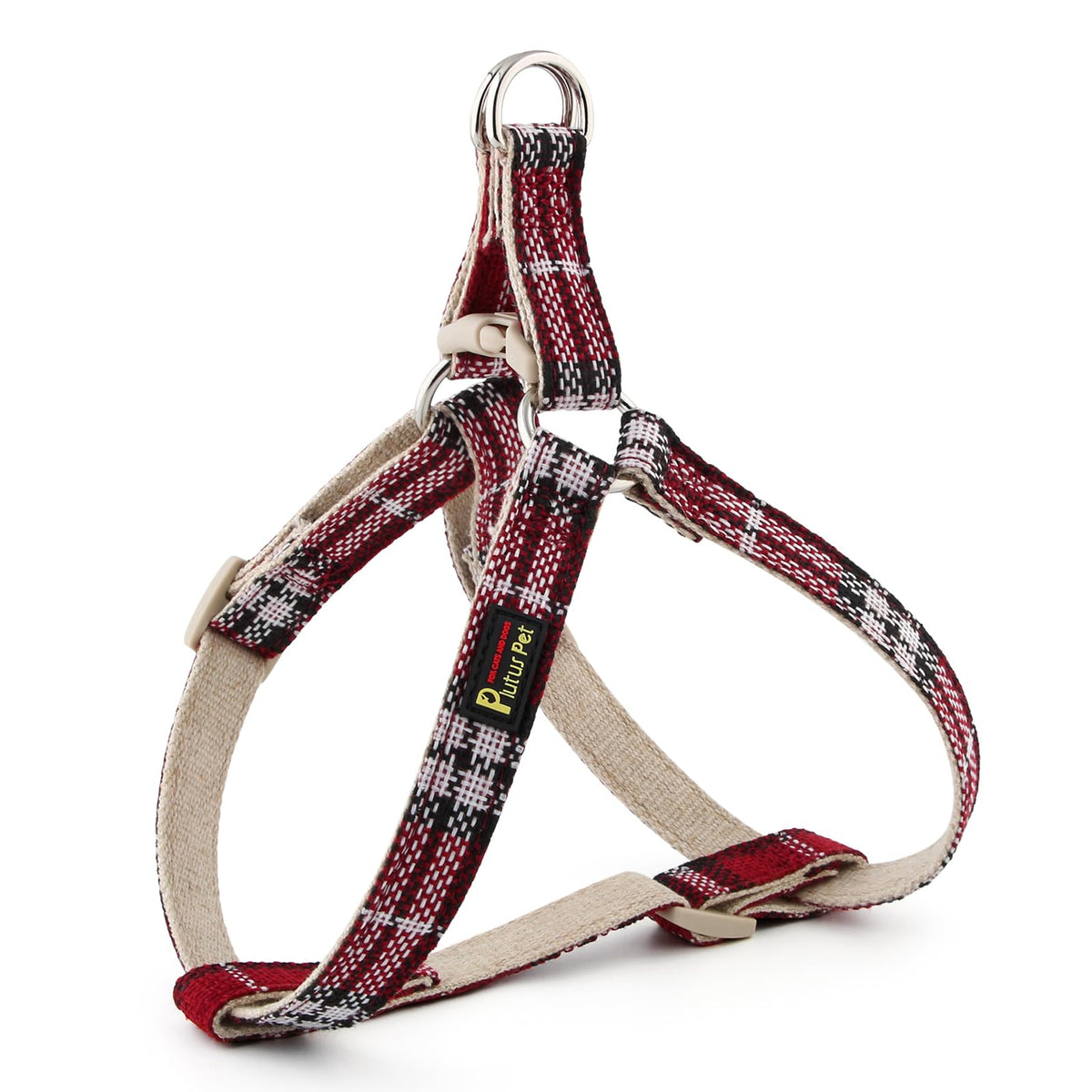 PLUTUS PET arnés-perro entrada algodón canamo rojo cuadros, comodidad y seguridad para paseos.