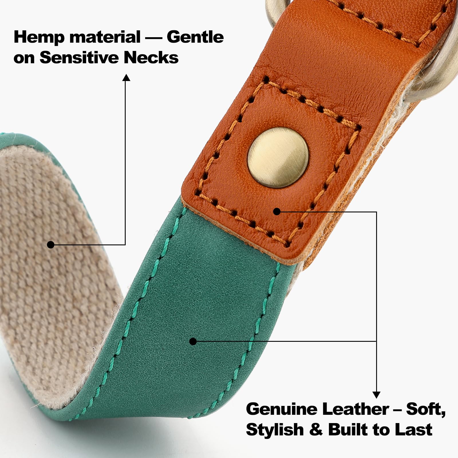 PLUTUS PET collar cuero cáñamo, enfoque suave para piel sensible y uso diario