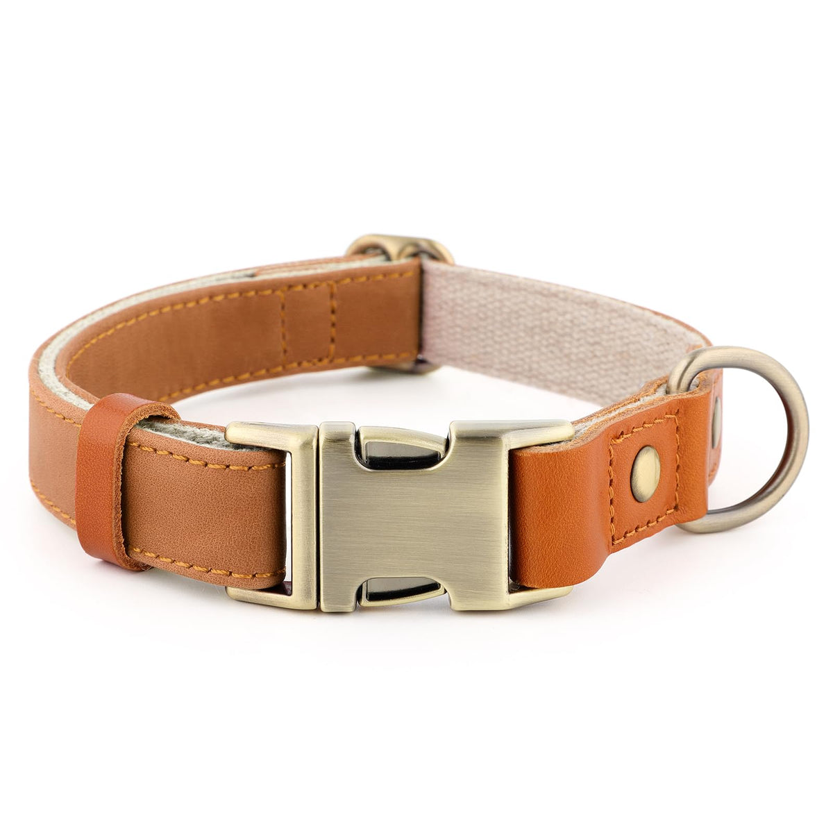 Collar PLUTUS PET de cuero y cáñamo marrón claro, ajuste cómodo para paseos diarios.