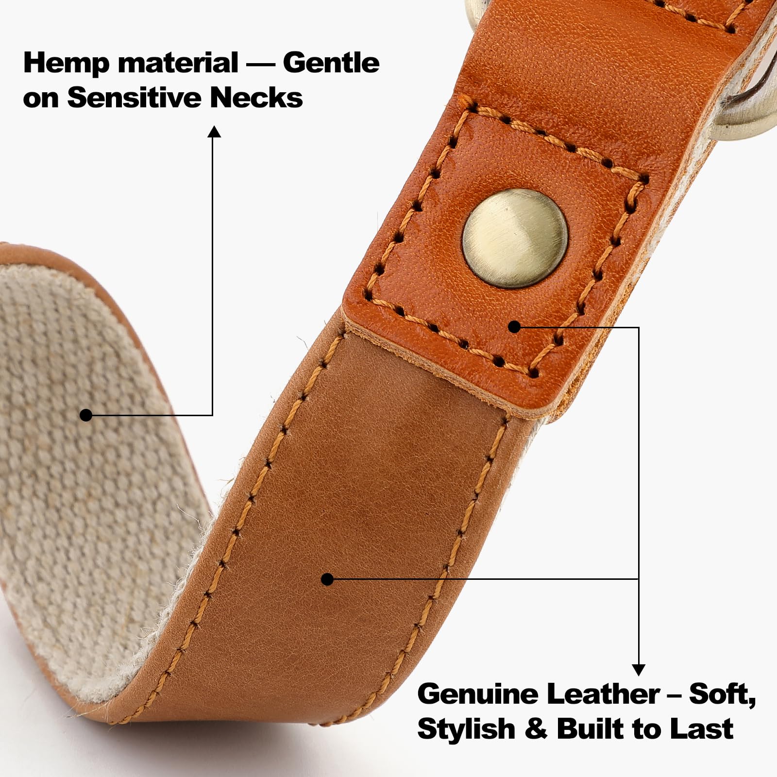 Collar PLUTUS PET cuero cáñamo suave, ideal para piel sensible.