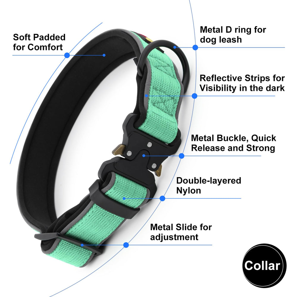 Collar táctico con hebilla metálica y ajuste seguro de Plutus Pet para perros grandes.