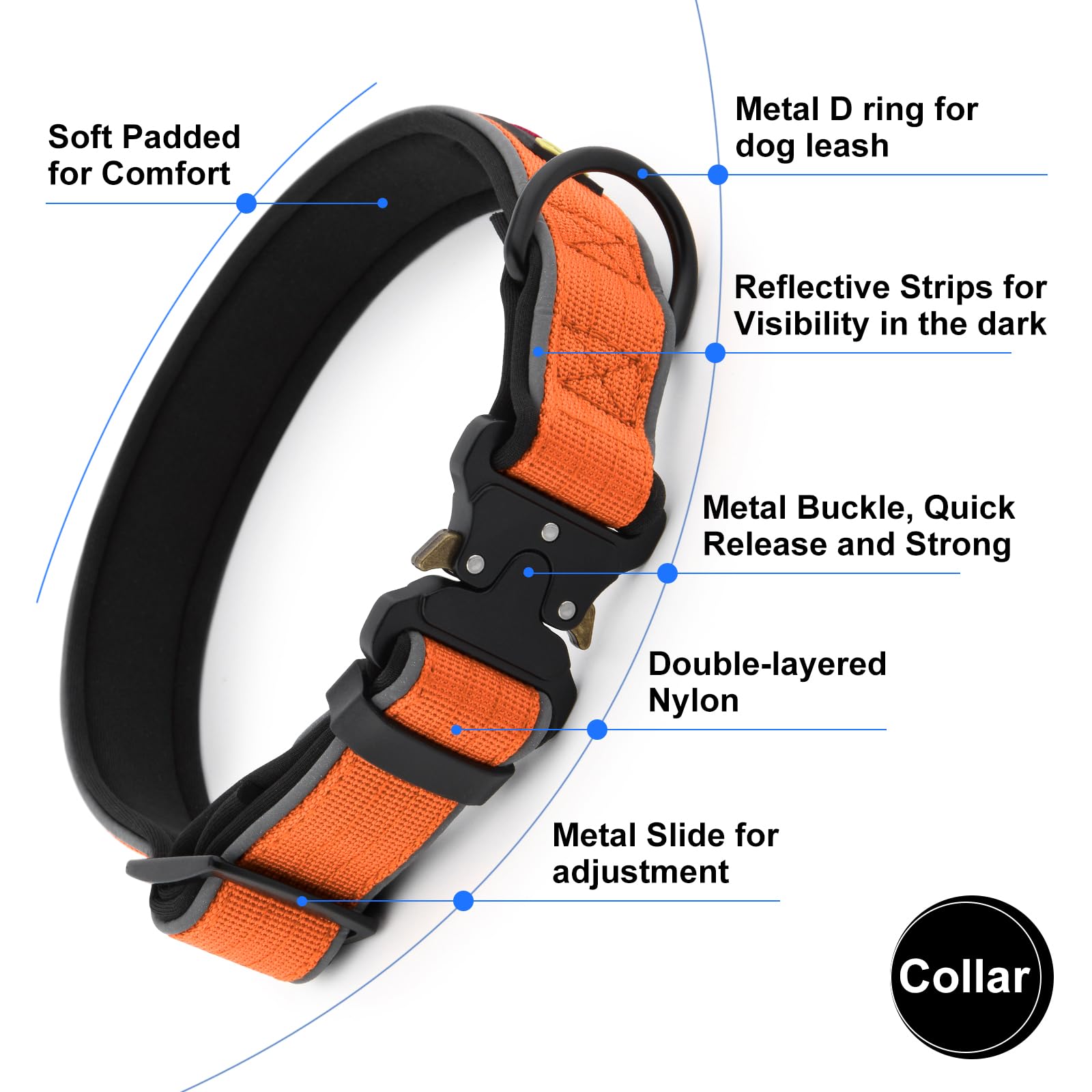 Collar táctico Plutus Pet, hebilla metálica, ajuste seguro para exteriores.