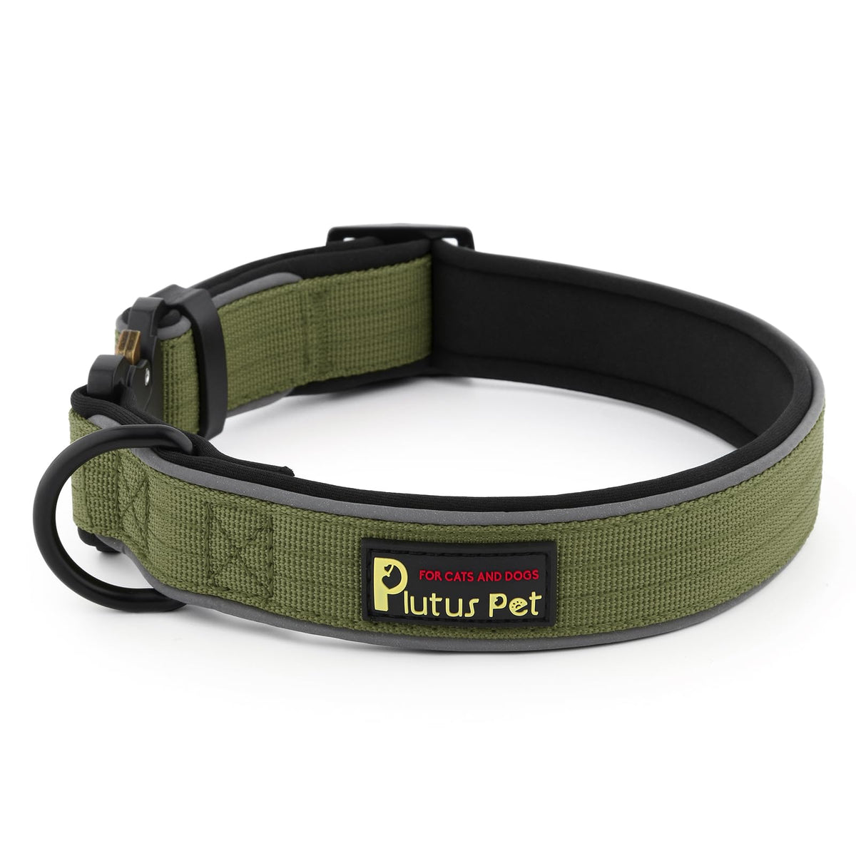 PLUTUS PET collar táctico reflectante ajustable para perros, ideal para paseos nocturnos y seguridad.
