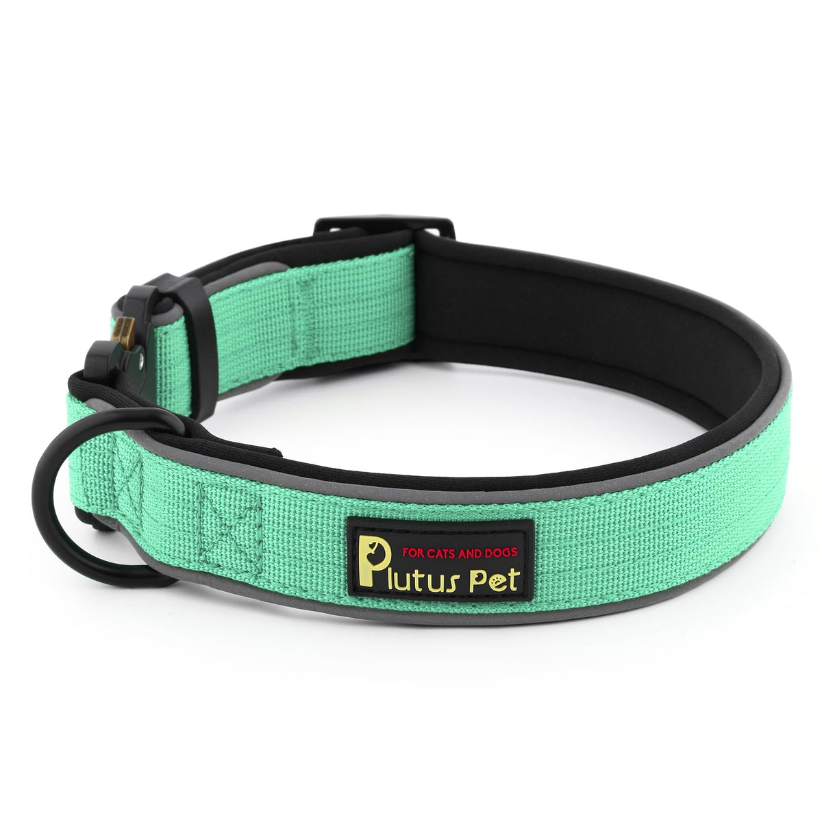 Collar táctico reflectante de Plutus Pet ajustable en turquesa, ideal para paseos seguros.