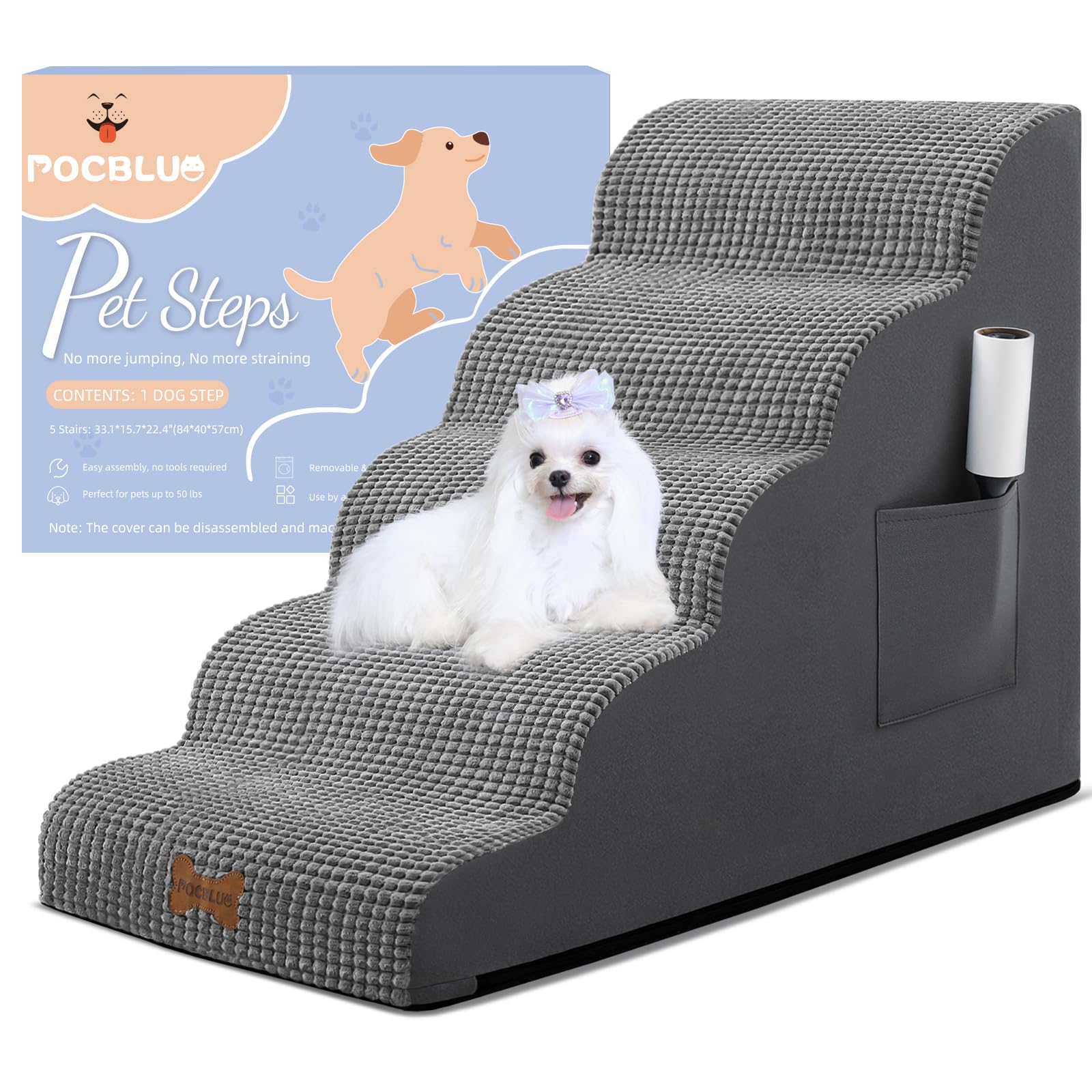 POCBLUE escaleras para perros pequeños de 5 pasos junto al sofá, fácil acceso.