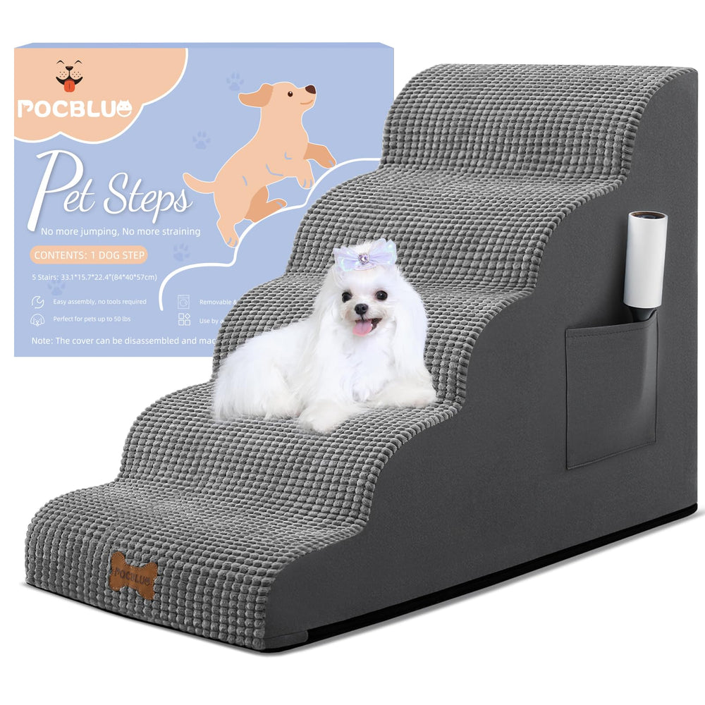 POCBLUE escaleras para perros pequeños de 5 pasos junto al sofá, fácil acceso.