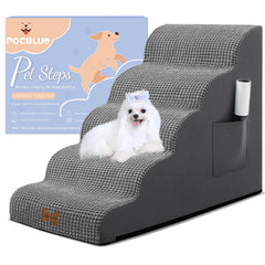 POCBLUE escaleras para perros pequeños de 5 pasos junto al sofá, fácil acceso.