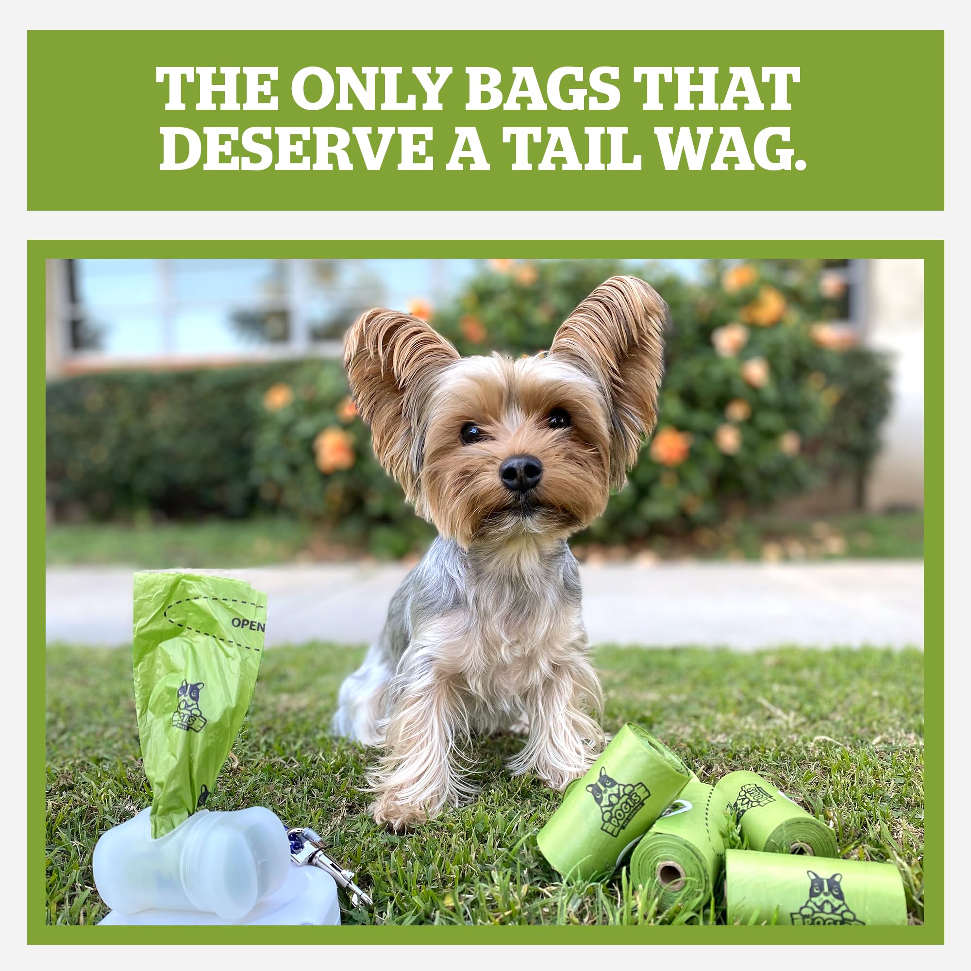 Bolsas Pogis compostables en rollo con apertura marcada para uso rápido.