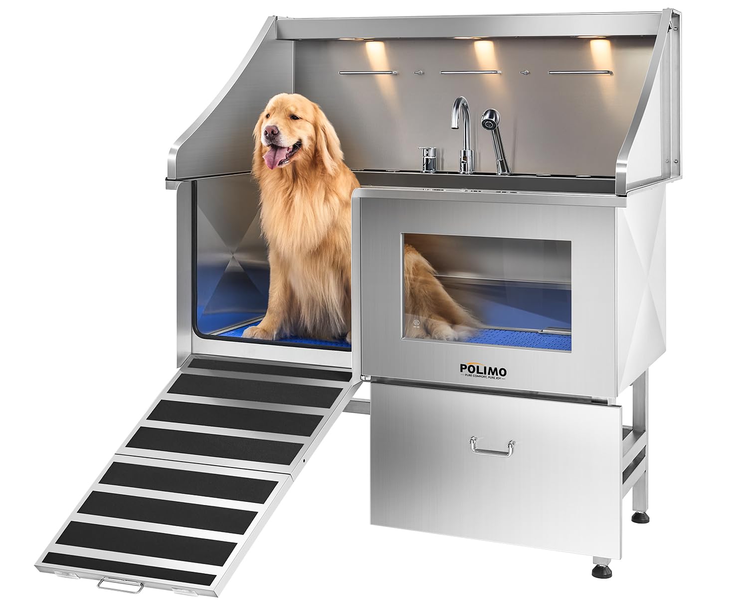 POLIMO estación de lavado para perros con LED, baño espacioso y claro