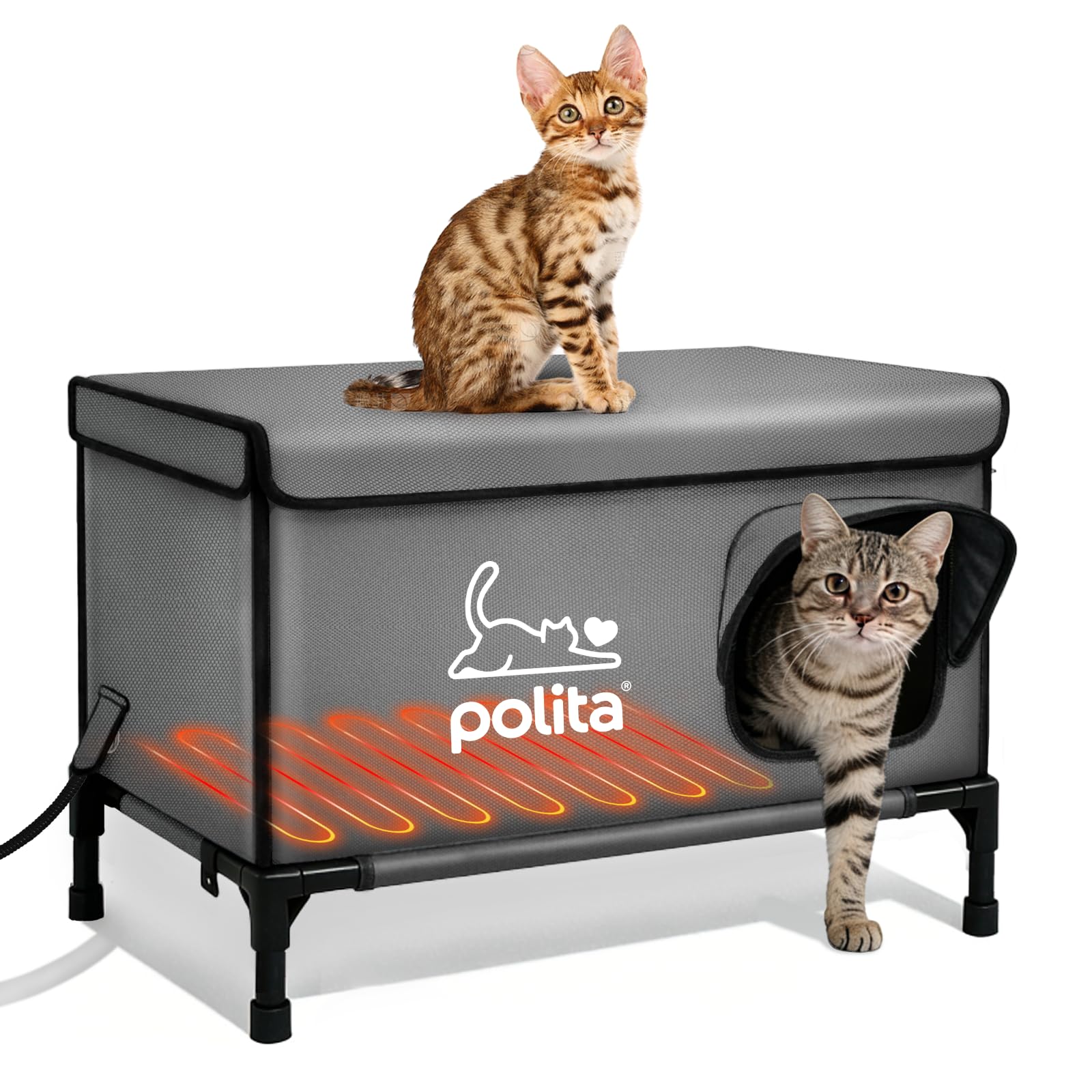 Polita casa-gatos-caliente-indestructible, exterior resistente para uso al aire libre.