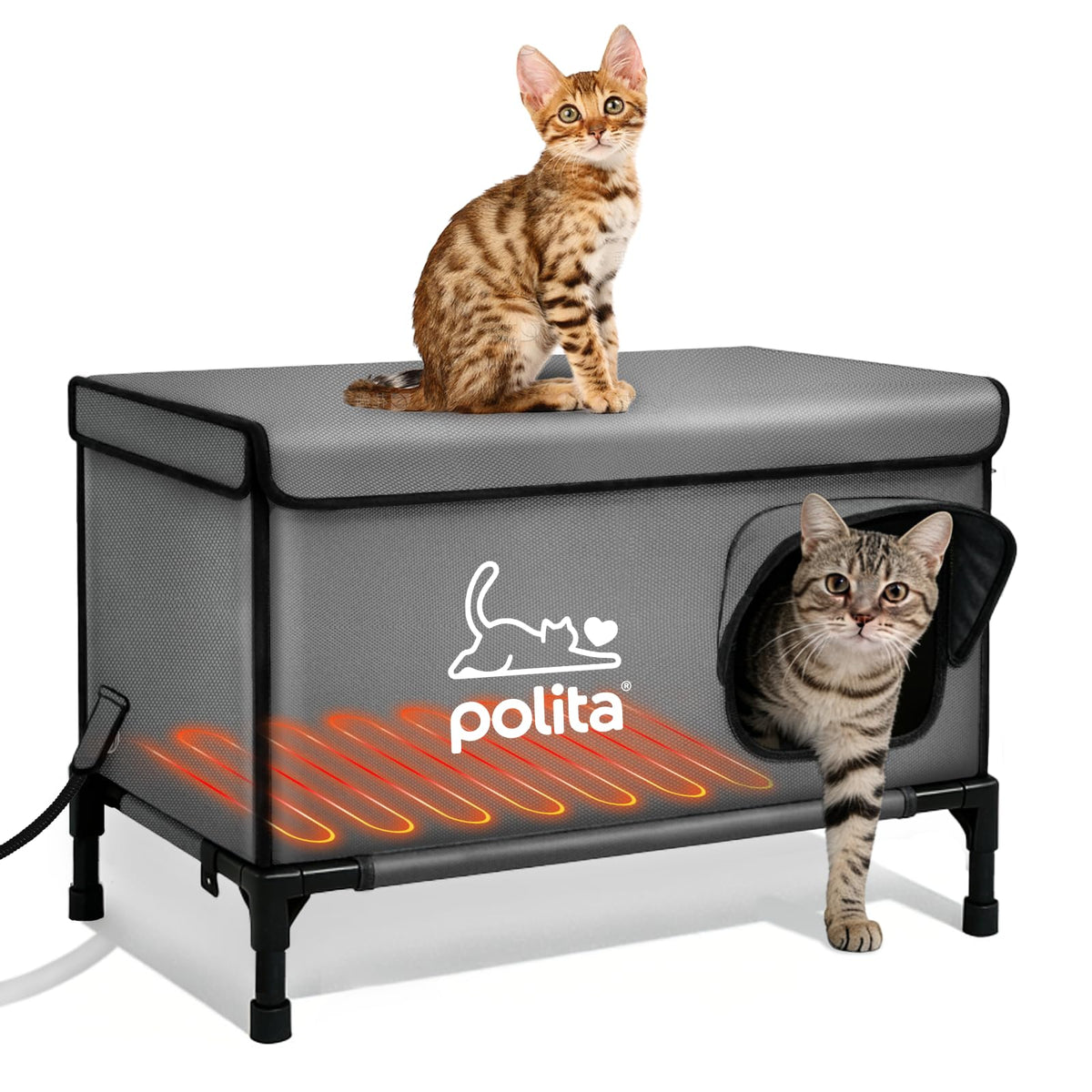 Polita casa-gatos-caliente-indestructible, exterior resistente para uso al aire libre.