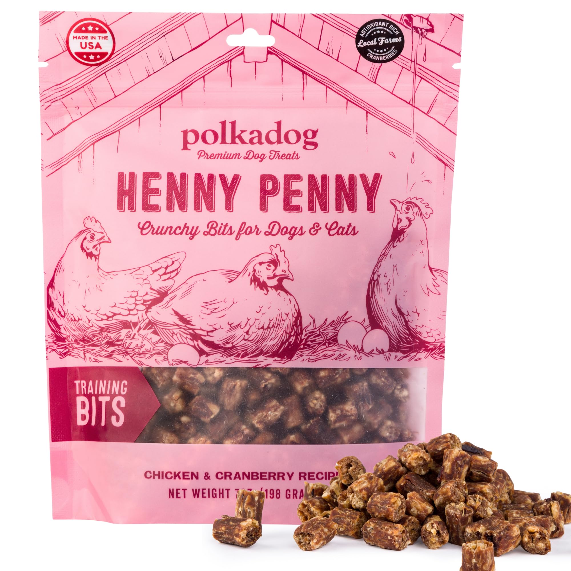 Polkadog Henny Penny, trocitos crujientes de pollo y arándano para entrenamiento.