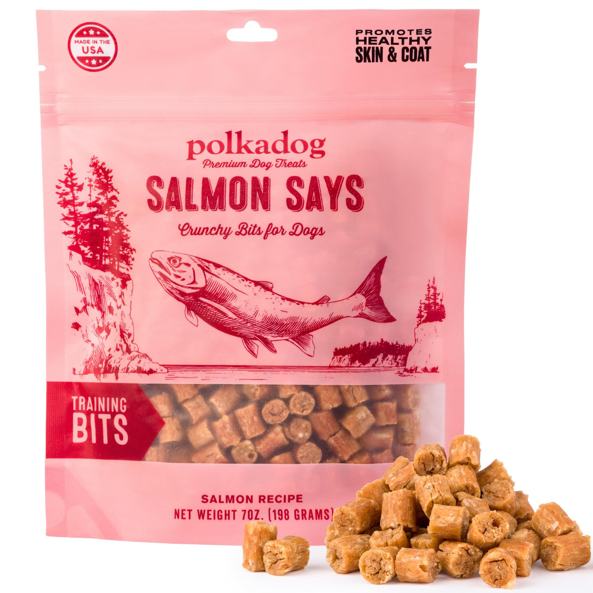 Polkadog Salmón Says empaque con premios crujientes para entrenamiento diario.