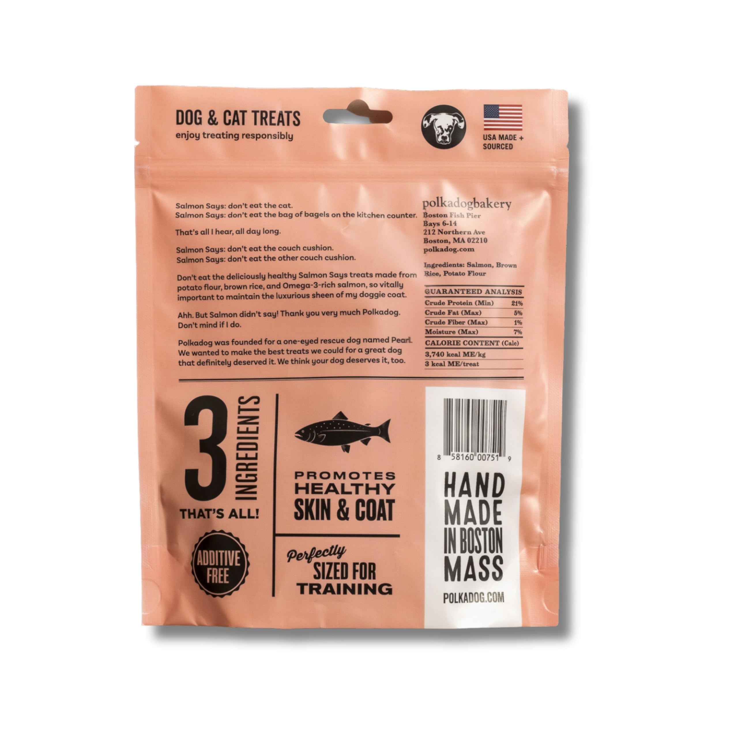 Polkadog Salmón Says tamaño 7 oz para snacks diarios fáciles.