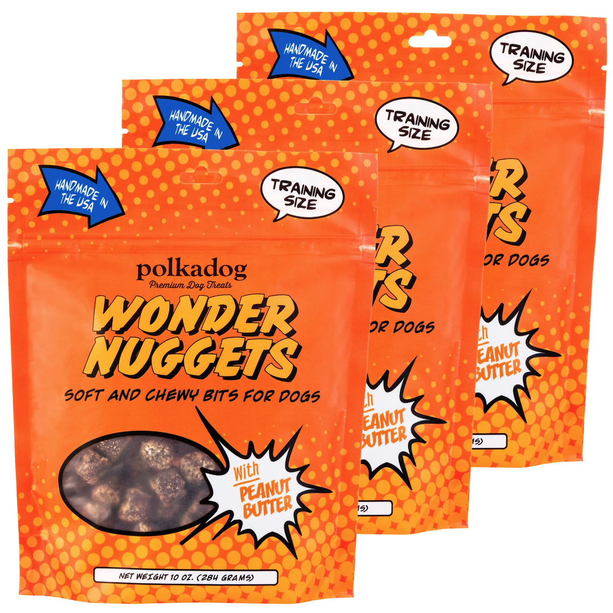 Polkadog Wonder Nuggets 3-Pack: empaque práctico para recompensas de entrenamiento en casa.
