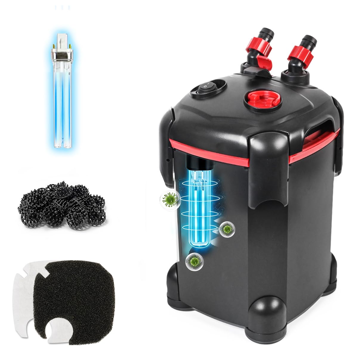 PONDFORSE filtro canister externo de 225 GPH mostrando su estructura y diseño compacto
