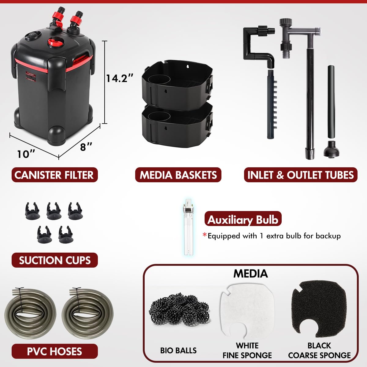 PONDFORSE filtro canister externo con kit de medios incluido para filtración eficiente