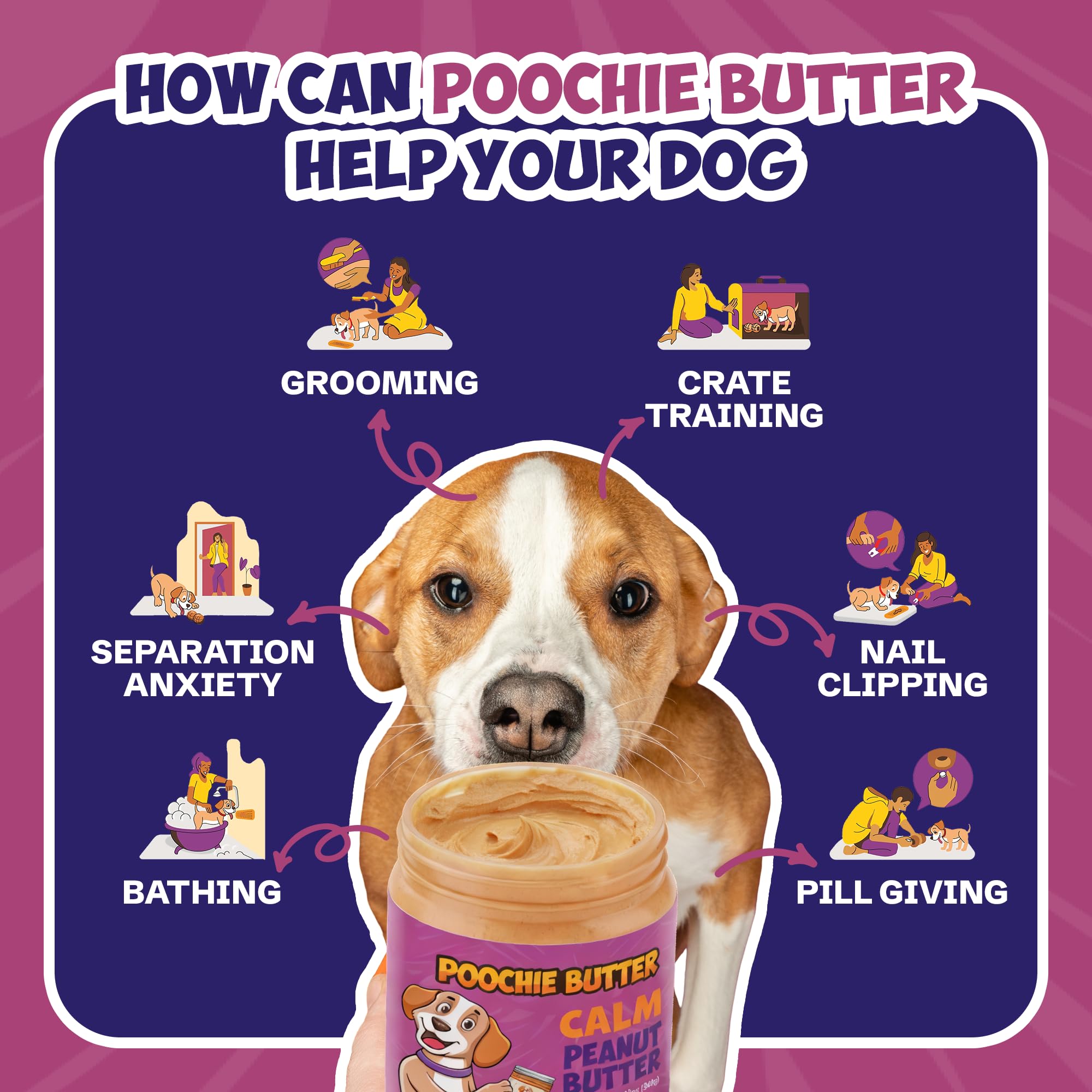 Poochie Butter Dilly's Calm, envase de 12 onzas para almacenamiento cómodo.