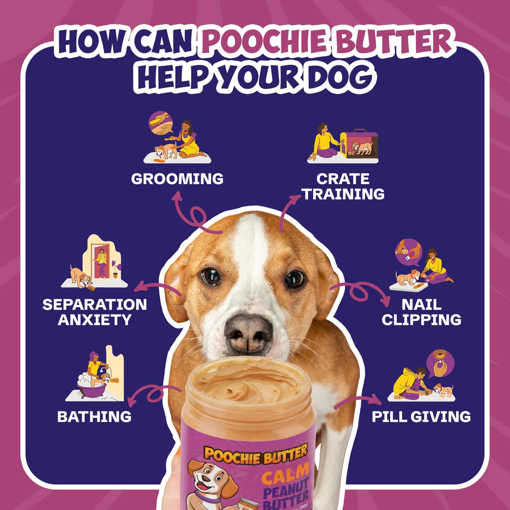 Poochie Butter Dilly's Calm, envase de 12 onzas para almacenamiento cómodo.