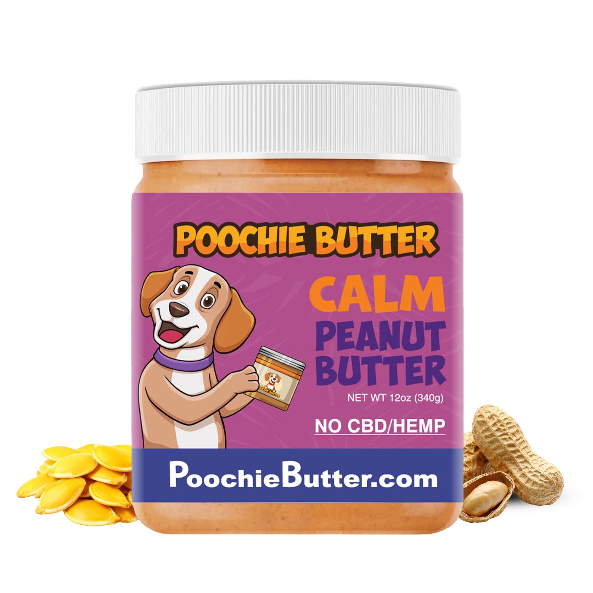 Poochie Butter Dilly's Calm frente de la lata: snack natural para perros.