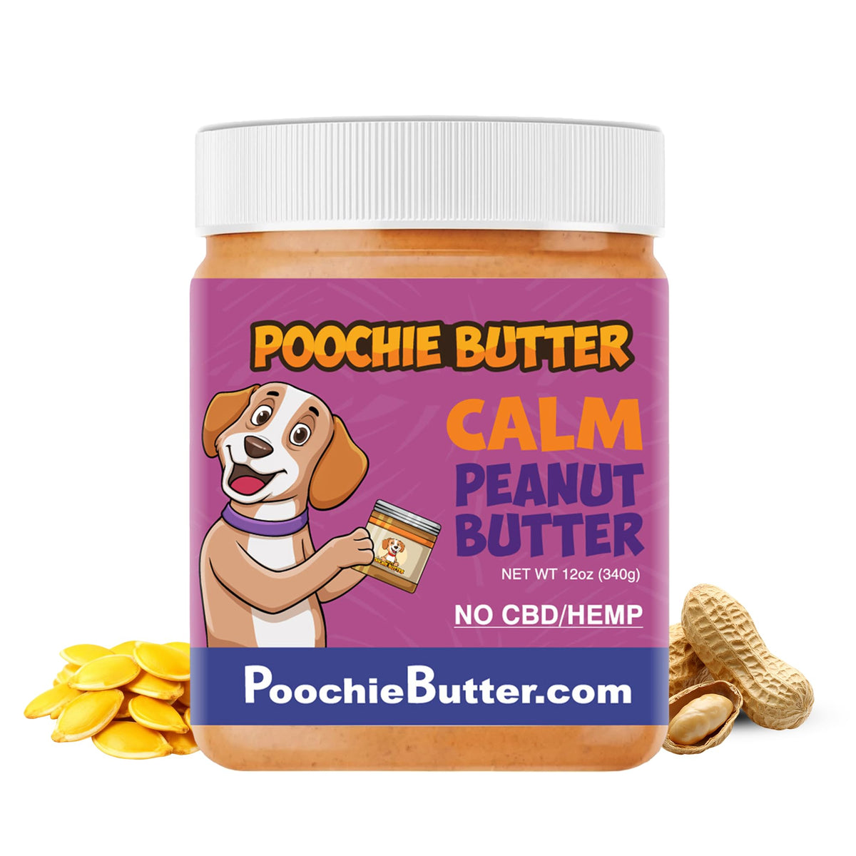 Poochie Butter Dilly's Calm frente de la lata: snack natural para perros.