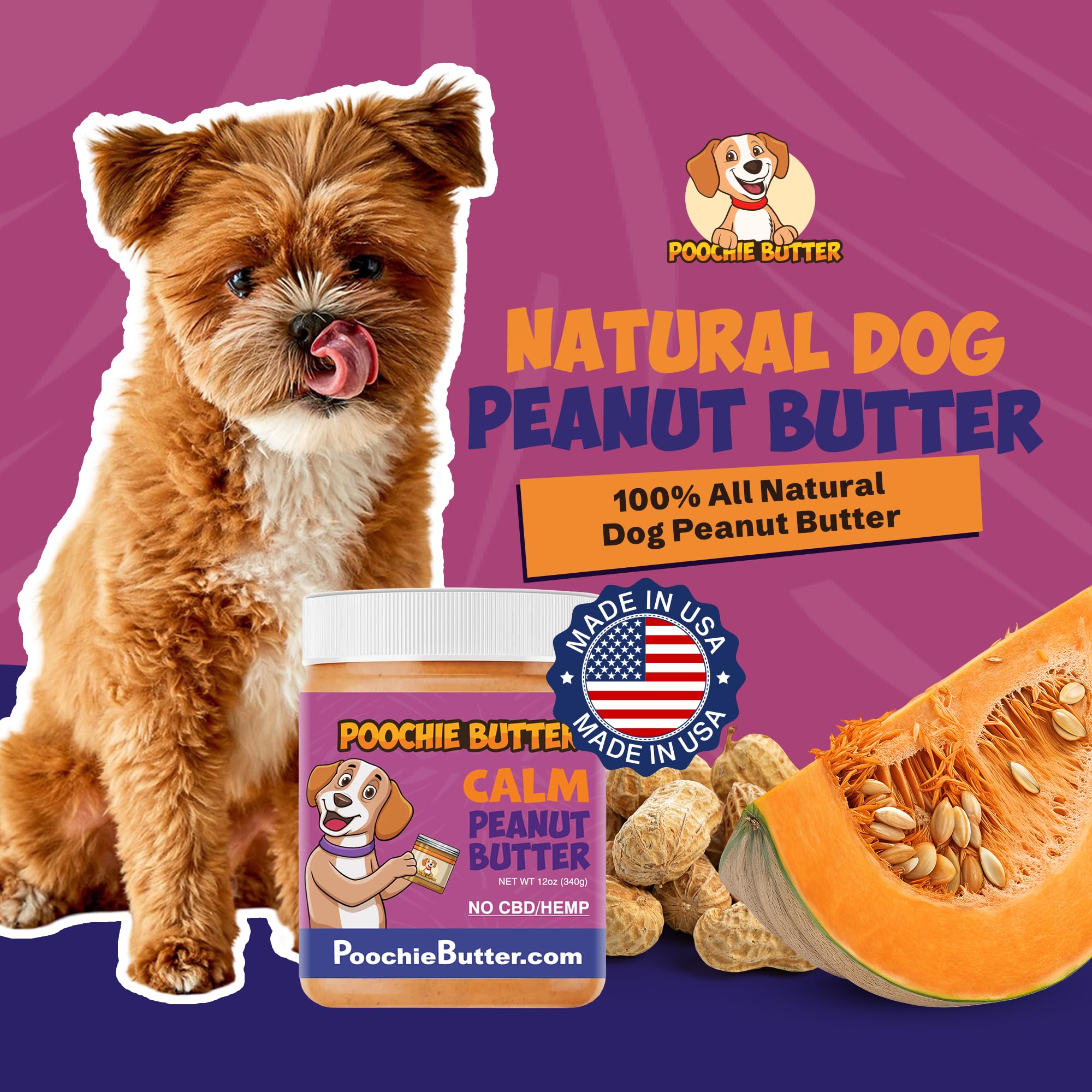Poochie Butter Dilly's Calm, ingredientes naturales visibles para perros.