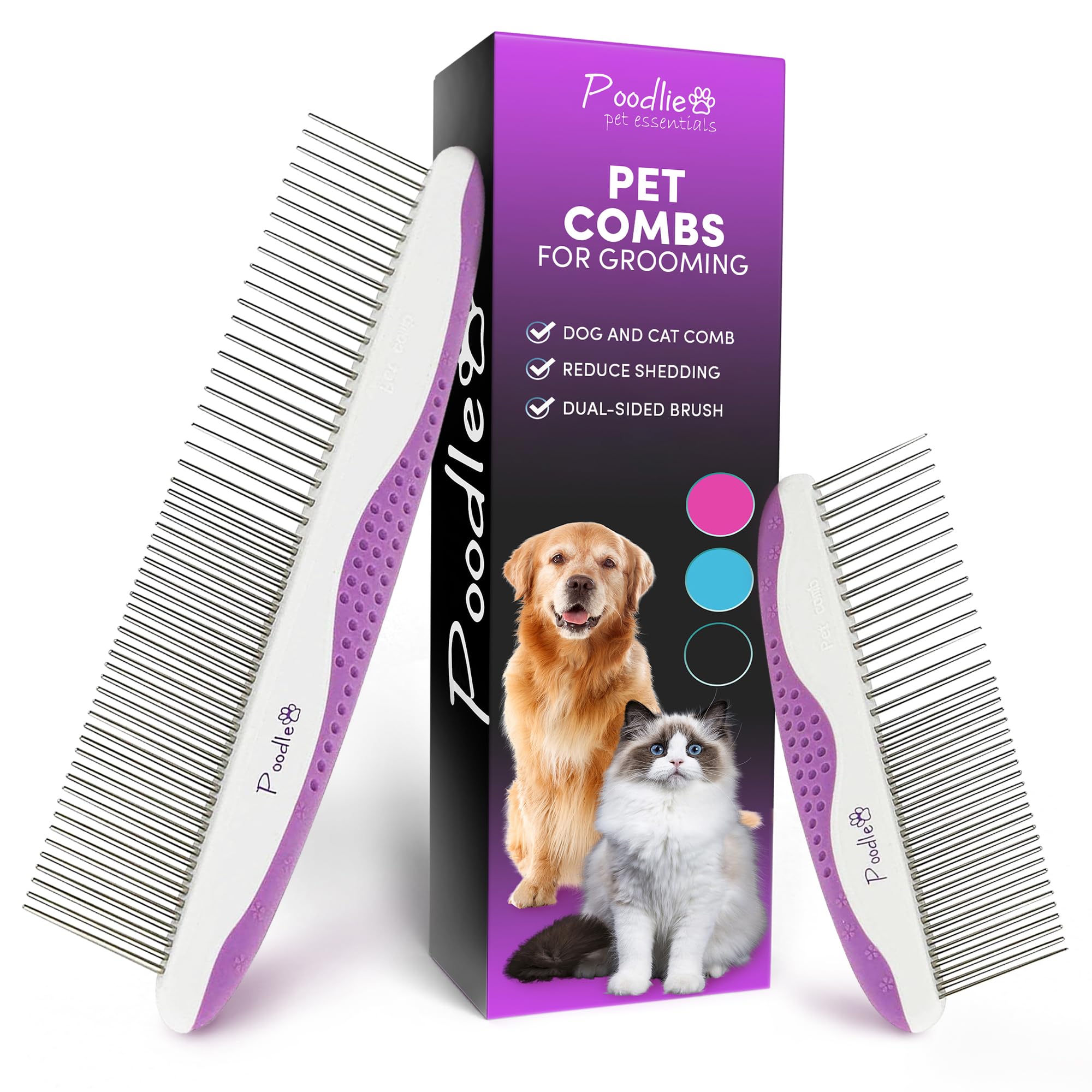 POODLIE cepillo con dientes de acero inoxidable para grooming suave.