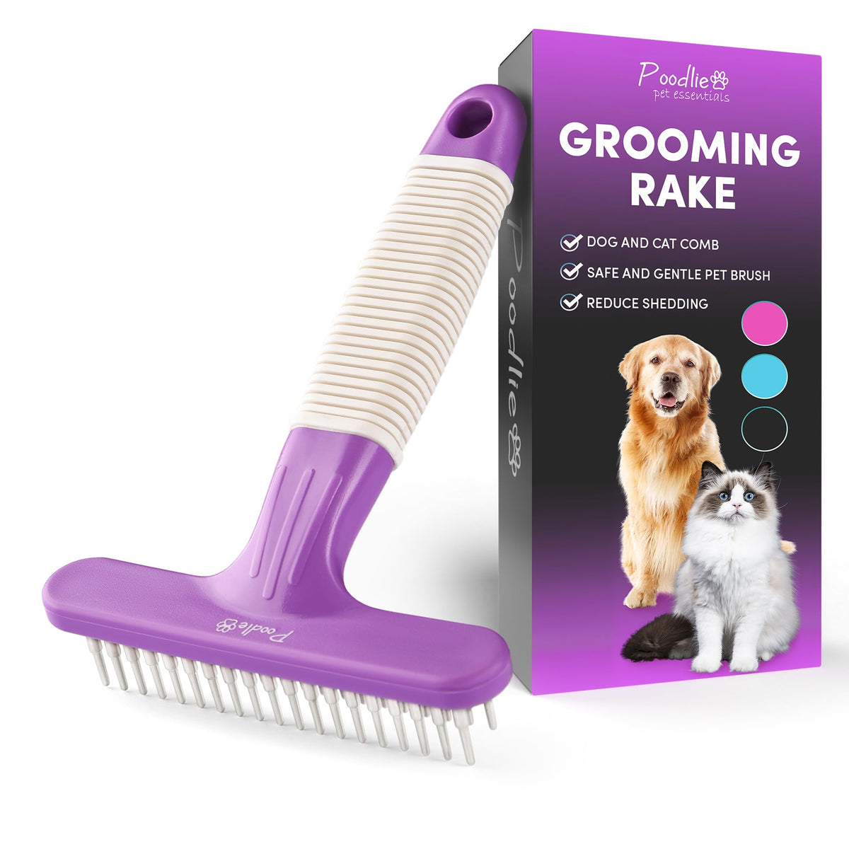 POODLIE Rastrillo para perros con mango morado, cepilla con comodidad y control.