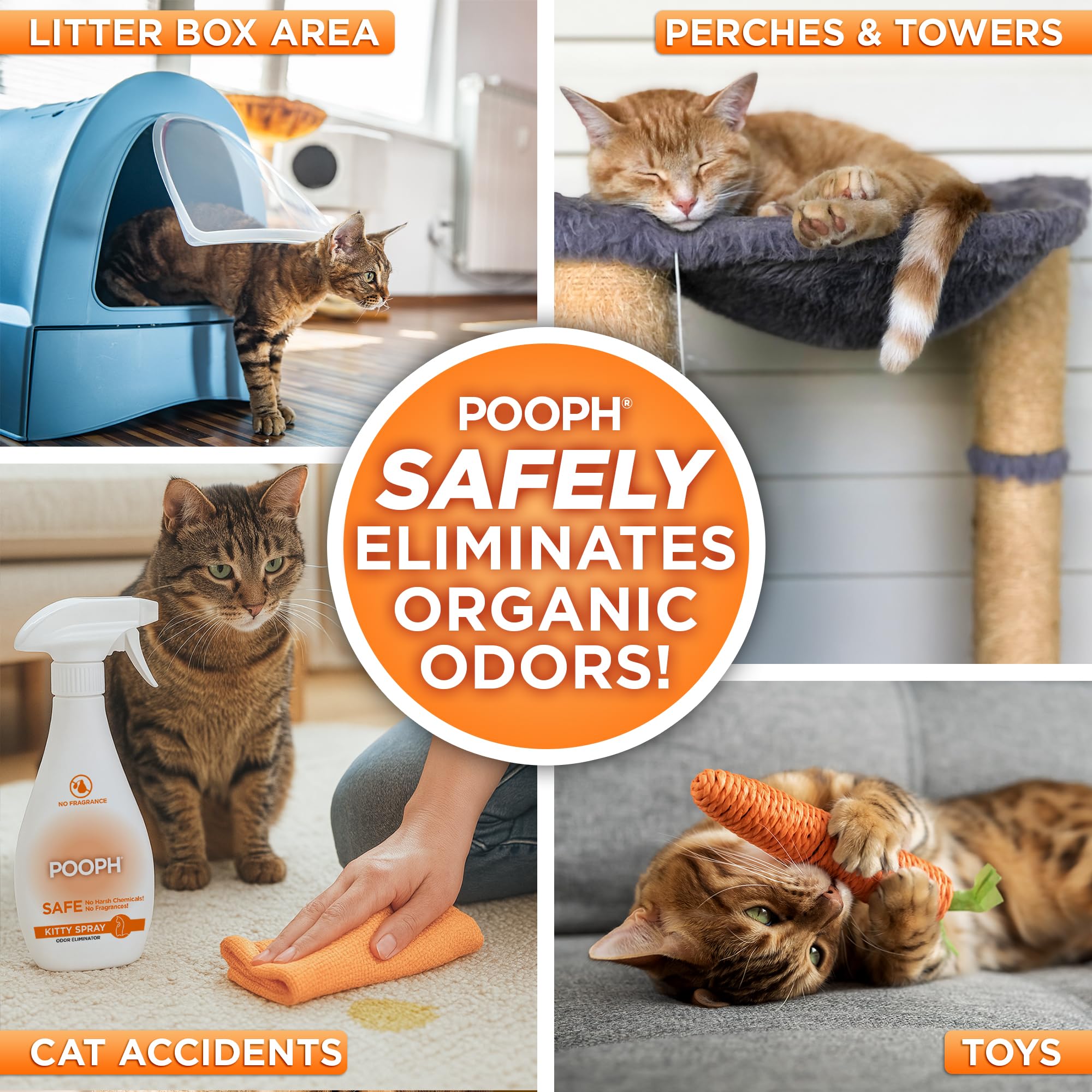 POOPH Kitty Spray se aplica en superficies como muebles para un ambiente más fresco.