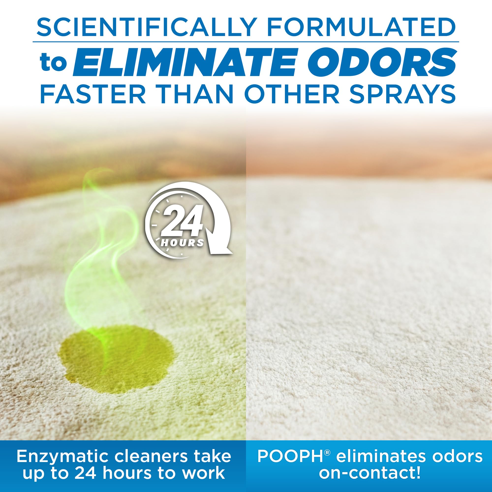 POOPH olor eliminado, sin manchas en alfombras ni ropa.