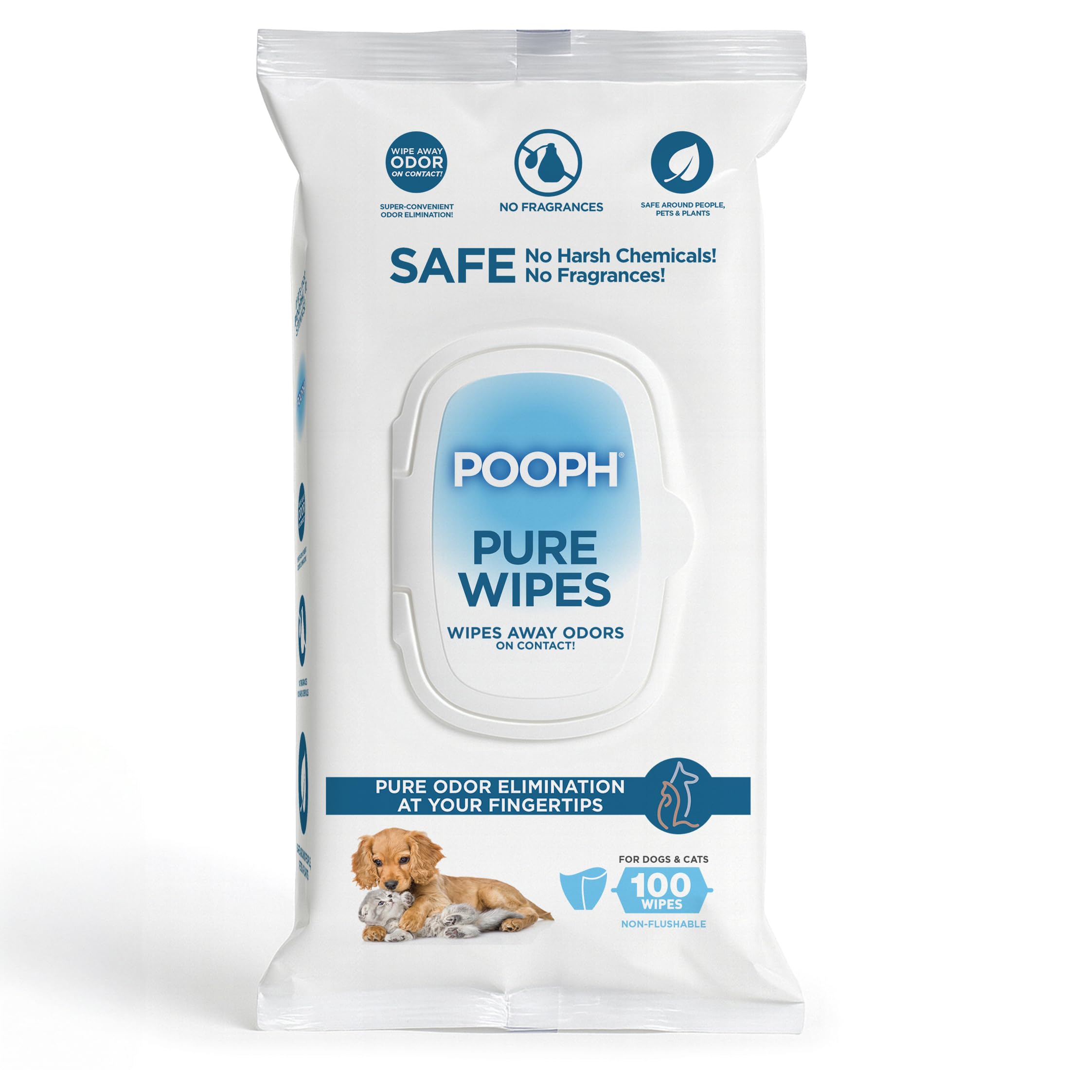 POOPH Pure Wipes apropiadas para superficies del hogar sin fragancias.